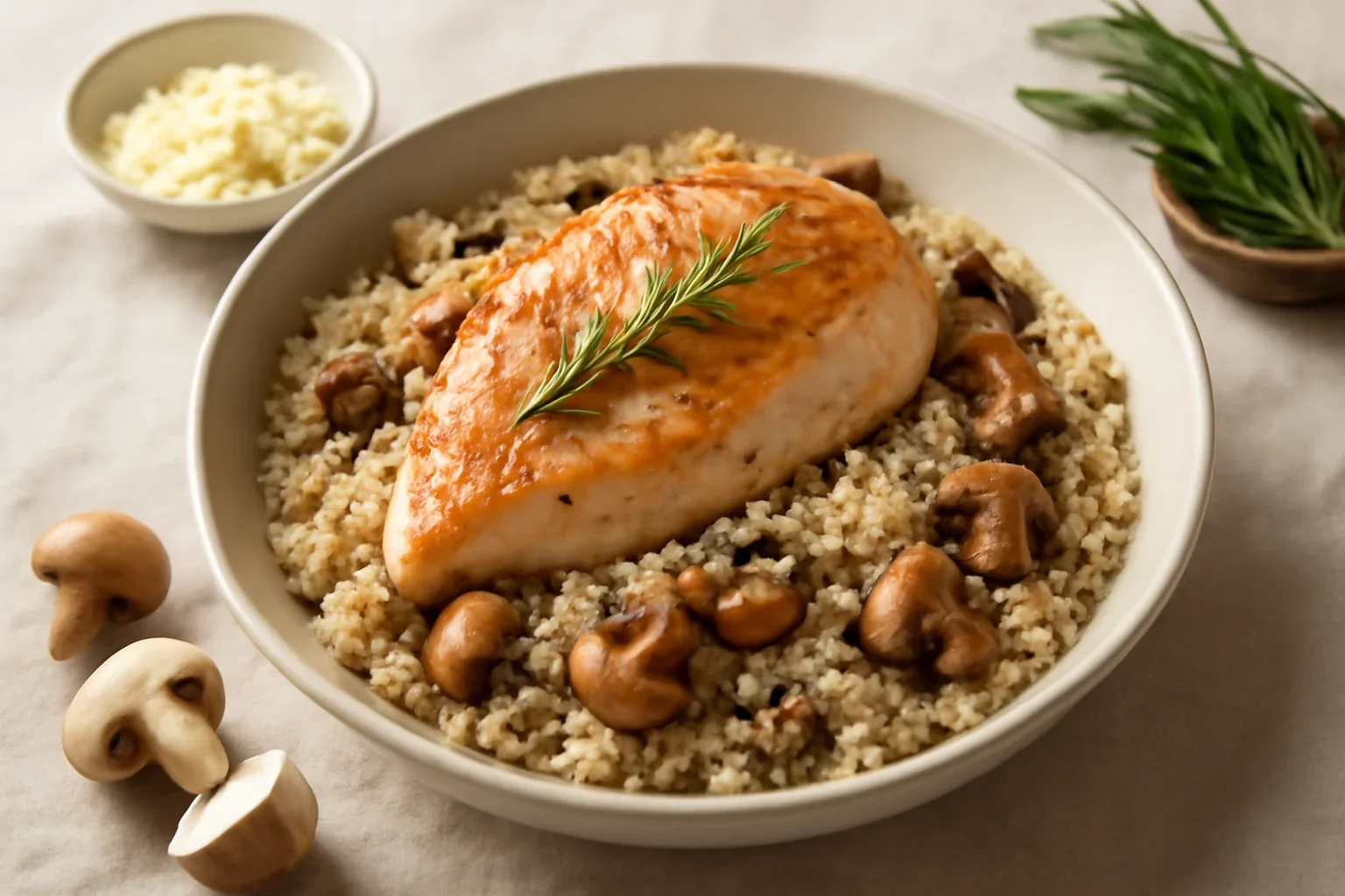 Piept de pui cu quinoa cu hrean și ciuperci