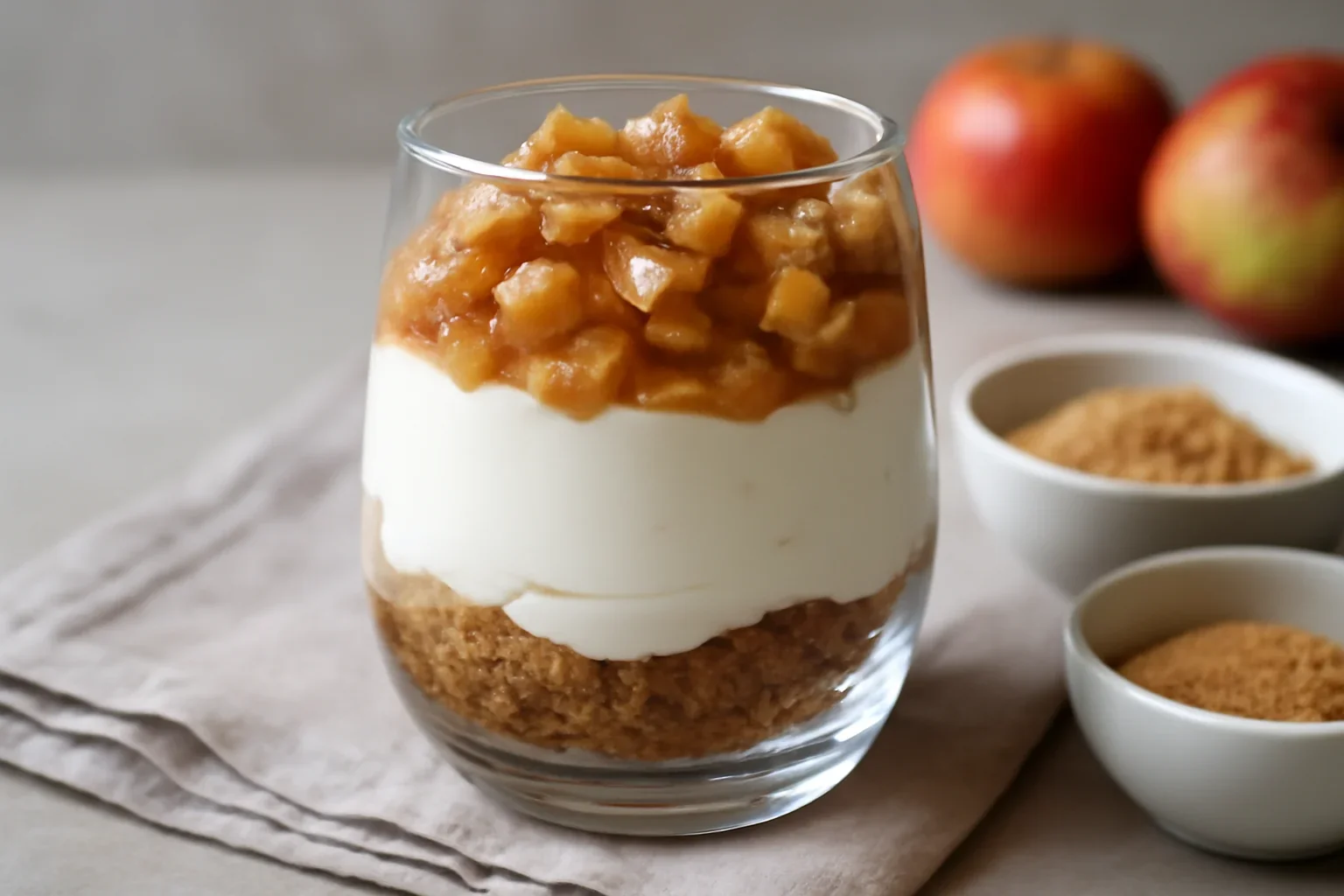 Cheesecake cu iaurt și mere caramelizate – la pahar – rețetă de desert rapid