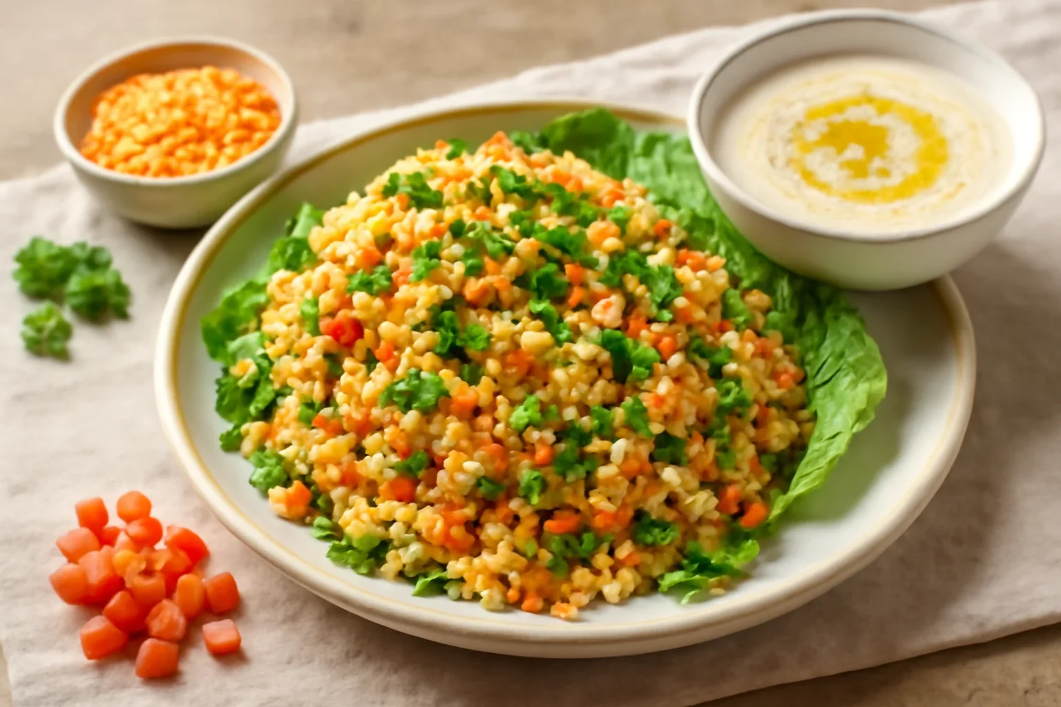Salată de mei cu linte roșie și dip de tahini
