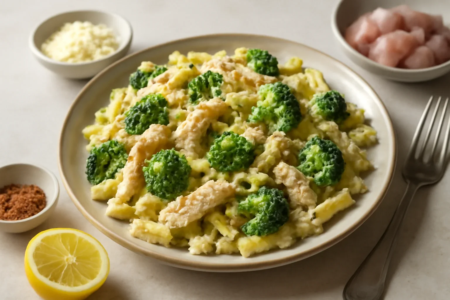 Paste cu pui si broccoli cu sos de smantana cu usturoi si lamaie