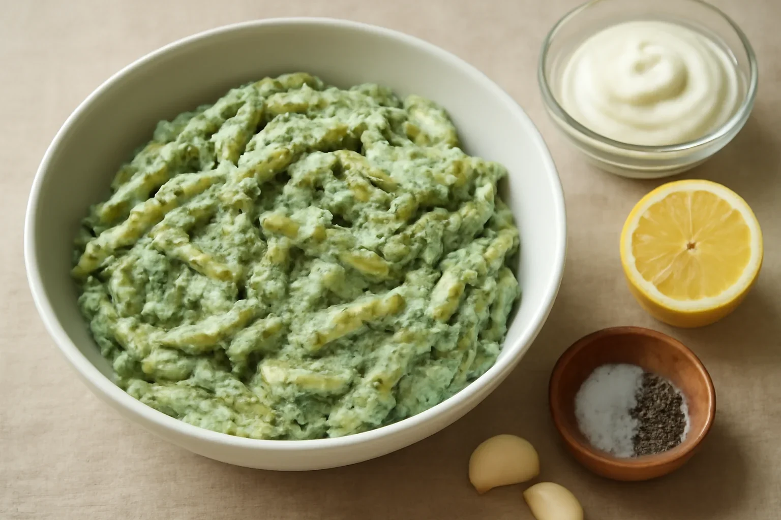 Salată de fasole păstăi cu dressing cremos cu usturoi
