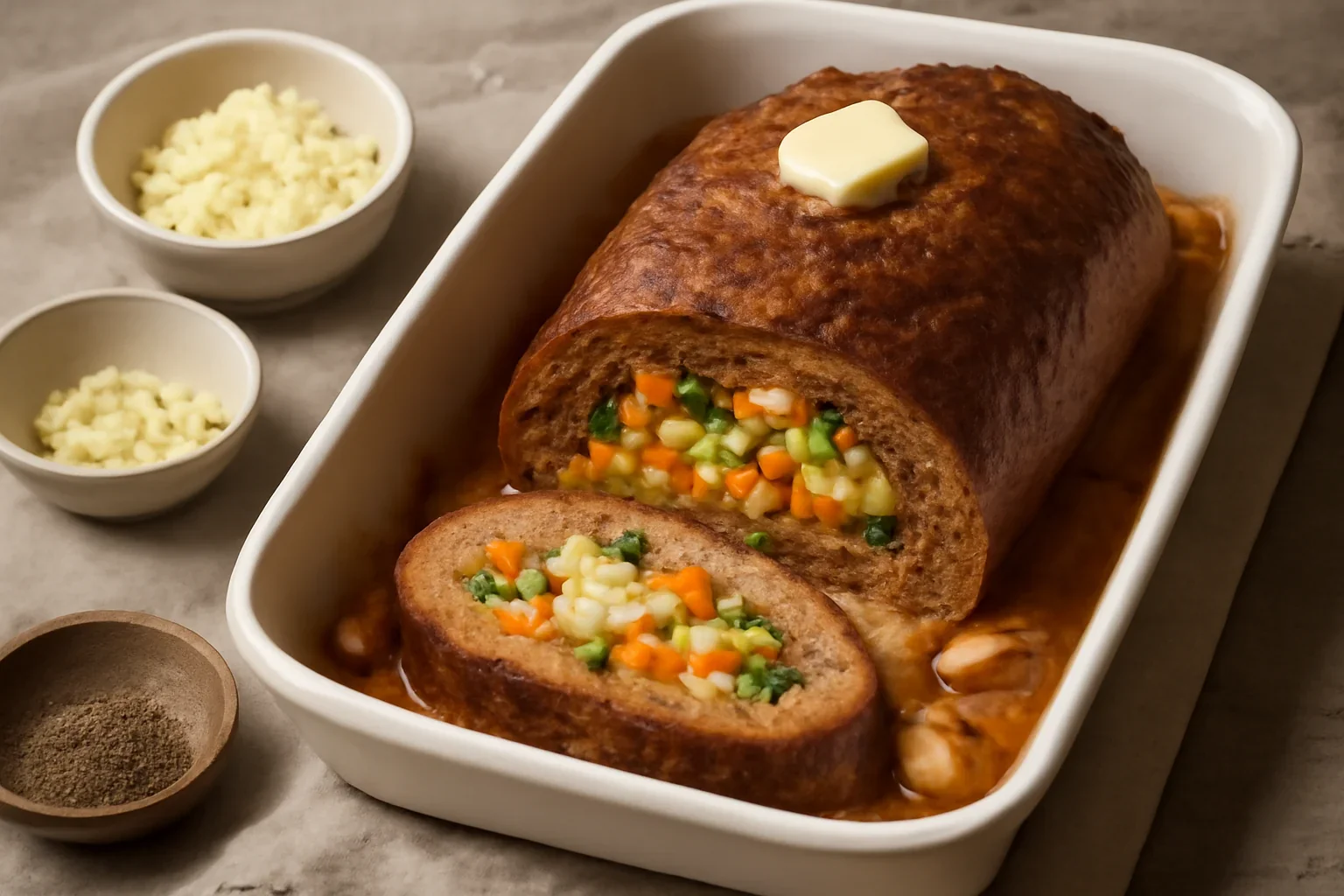 Rulada de carne tocata cu legume si cascaval