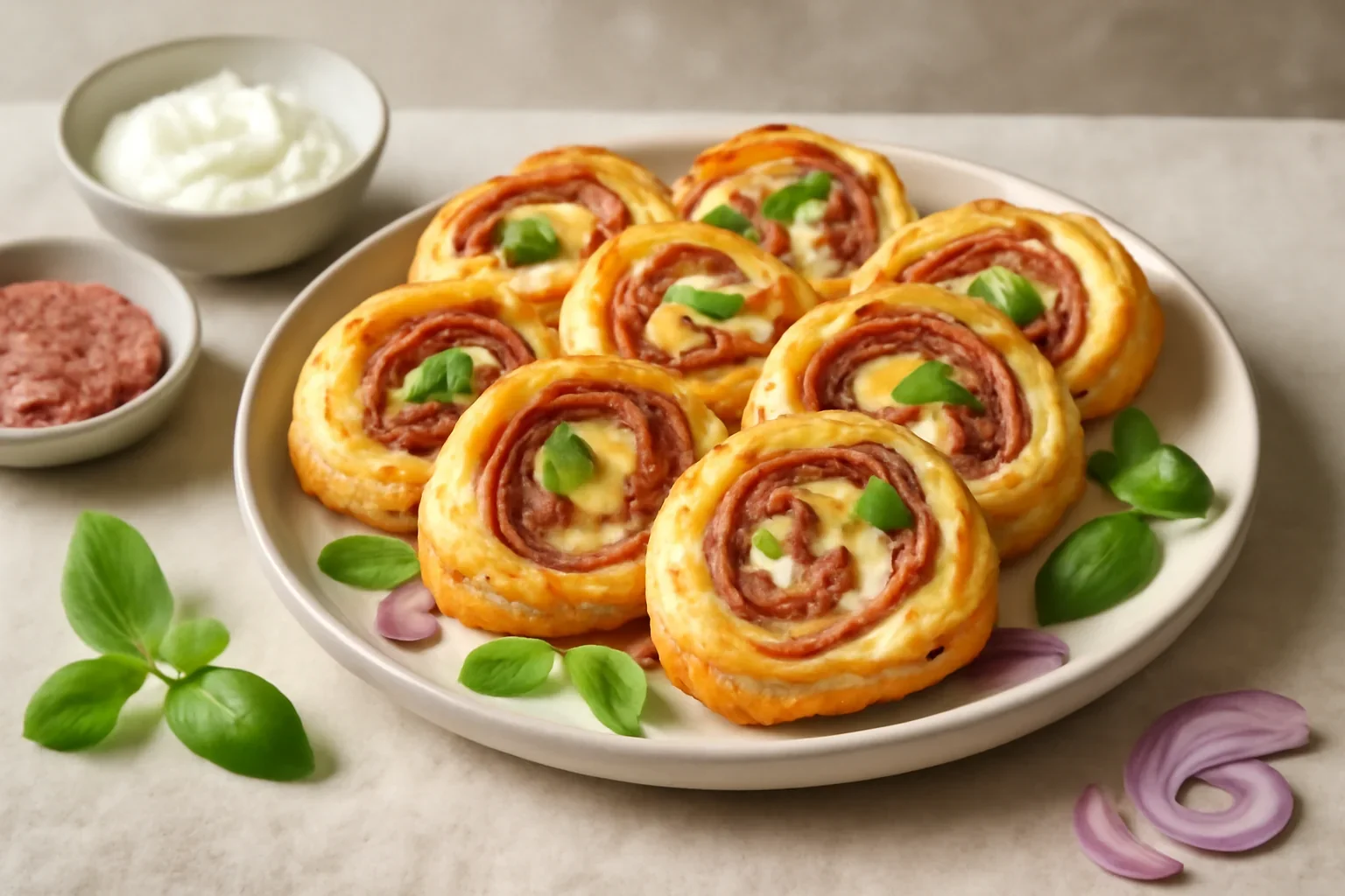 Rulouri din foietaj cu crema de branza, mozzarella si salam