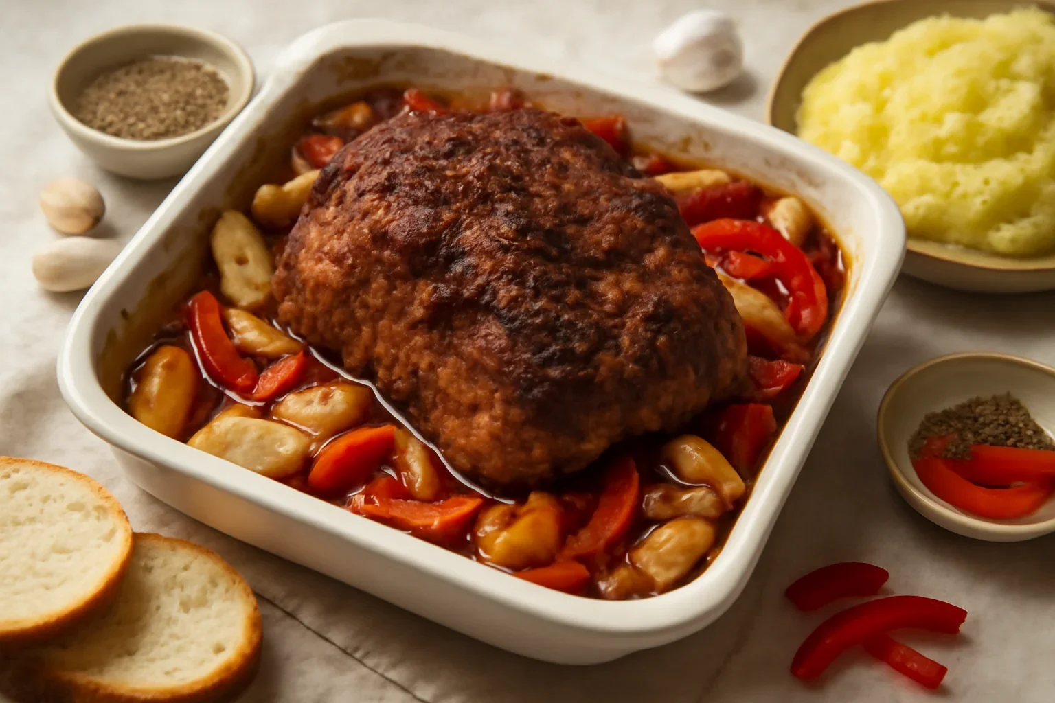 Friptură înăbușită de porc cu usturoi și ceapă – la cuptor sau la oală sub presiune