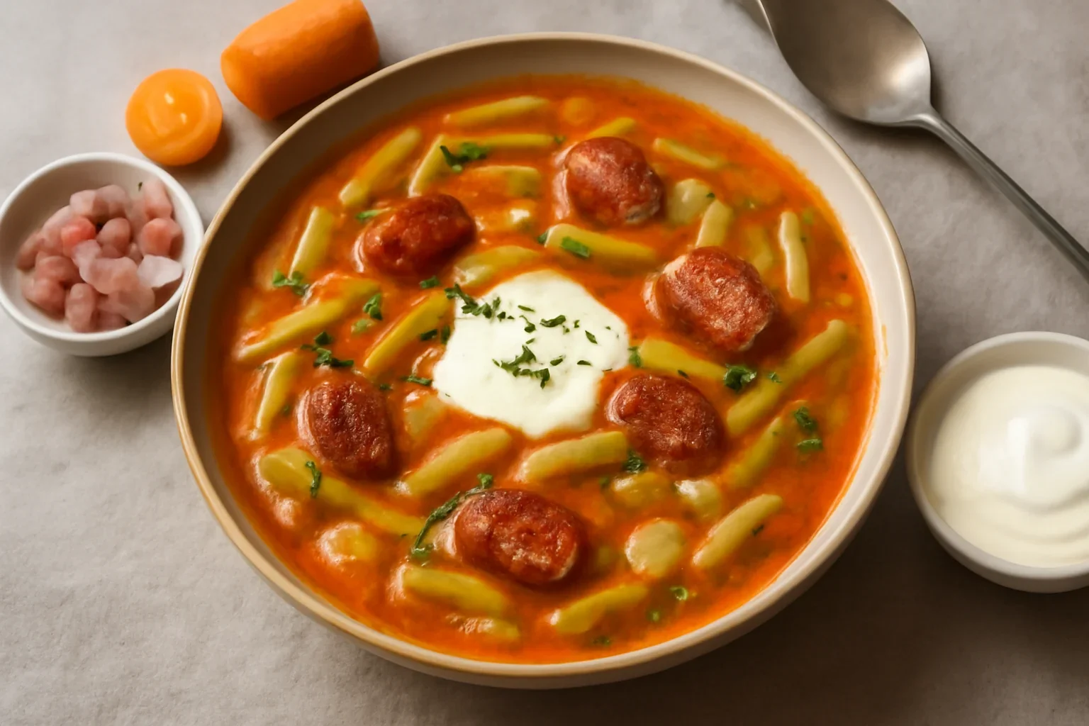 Supă ungurească de fasole verde (ciorbă de păstăi) cu cârnați afumați și smântână (Zöldbableves)