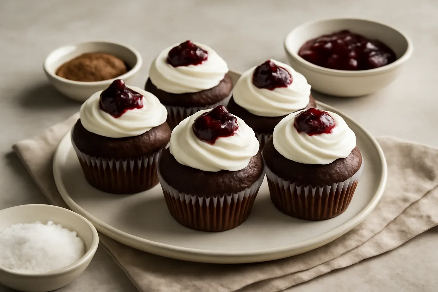 Cupcakes cu cacao, gem de visine si frisca, moi, pufoase si gustoase