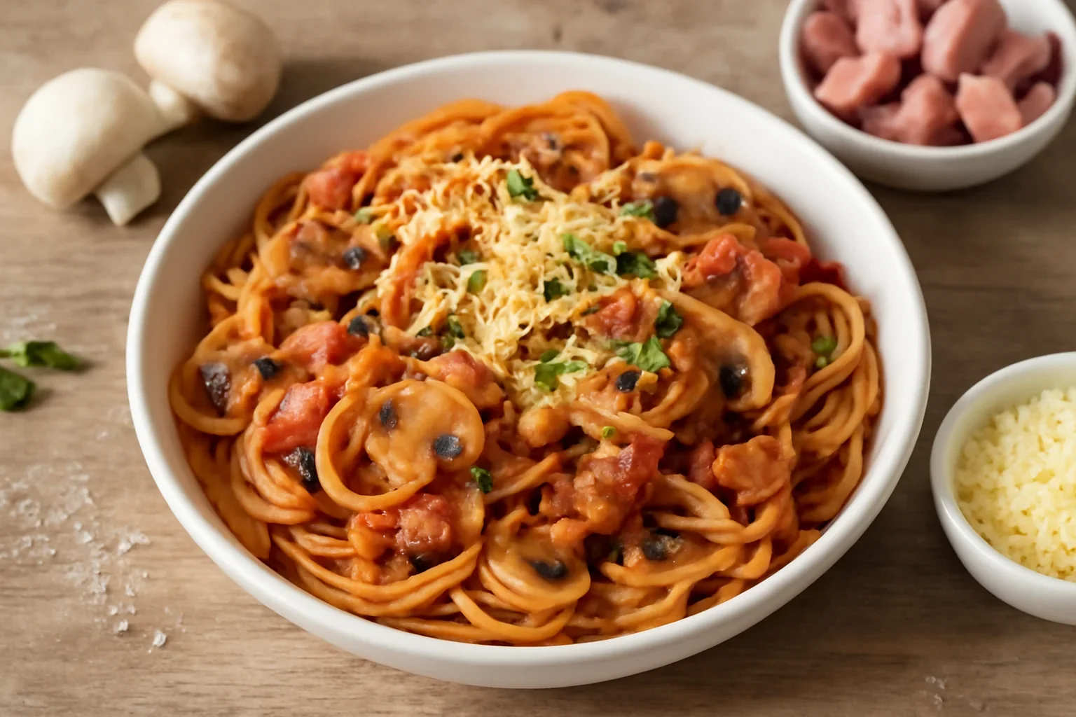 Spaghete milaneze rețeta de paste cu ciuperci, bacon și sos de roșii