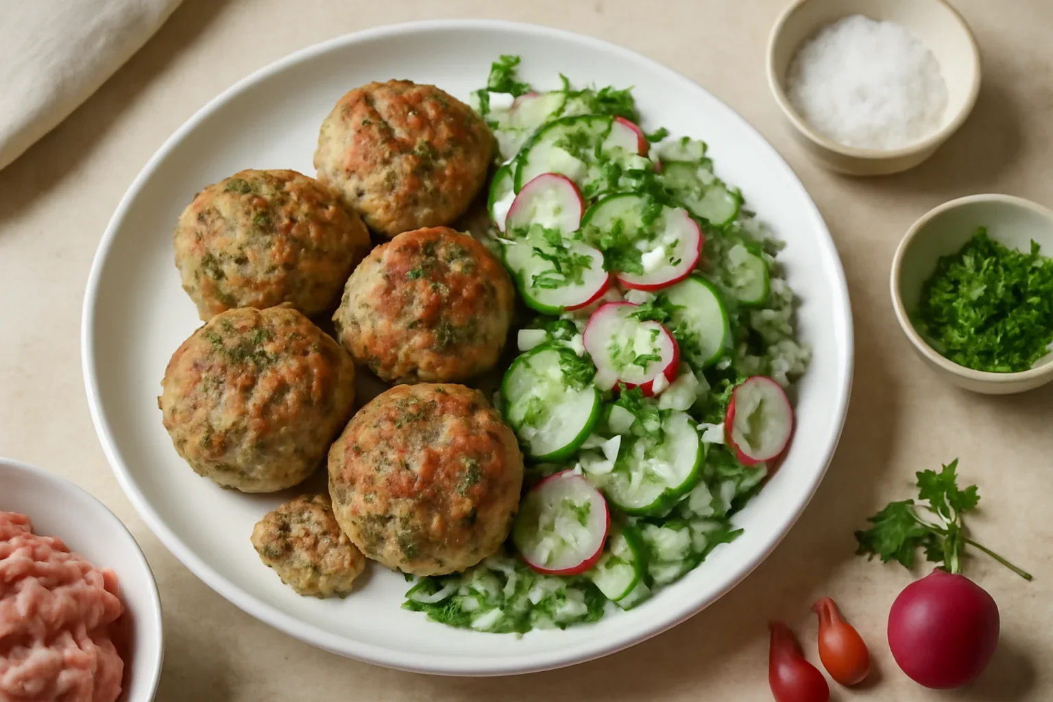 Chiftele din carne de curcan cu mărar și salată de castraveți și ridichi