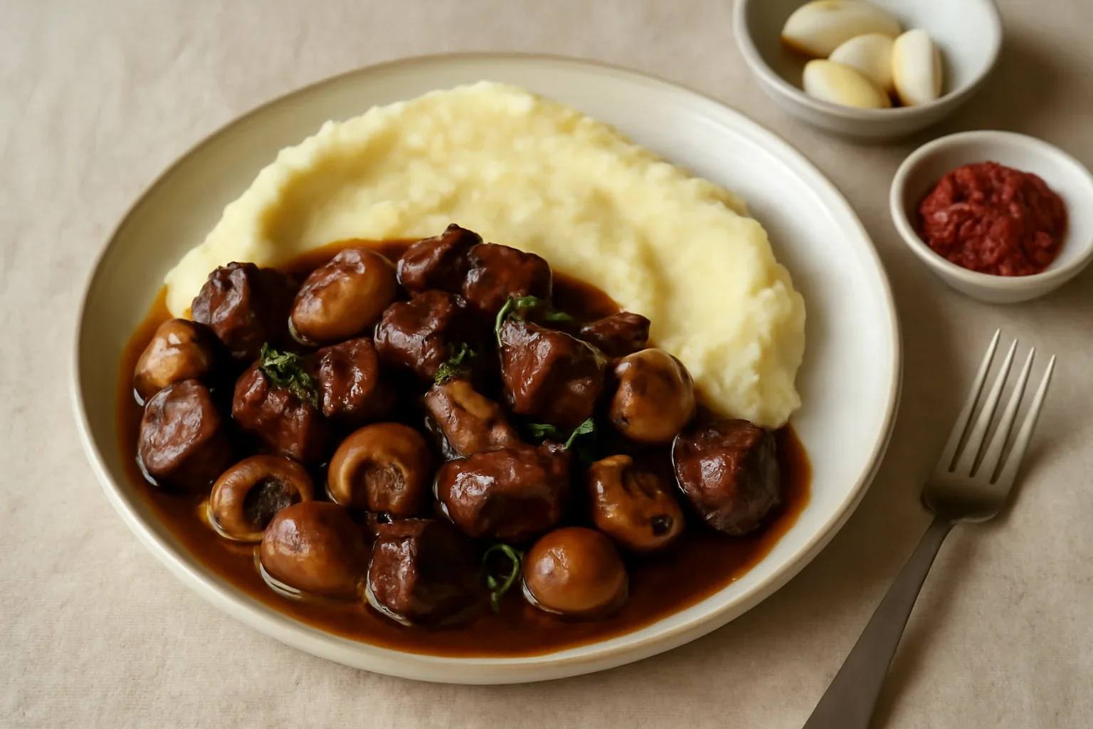 Vită à la bourguignon cu piure de țelină și cartofi