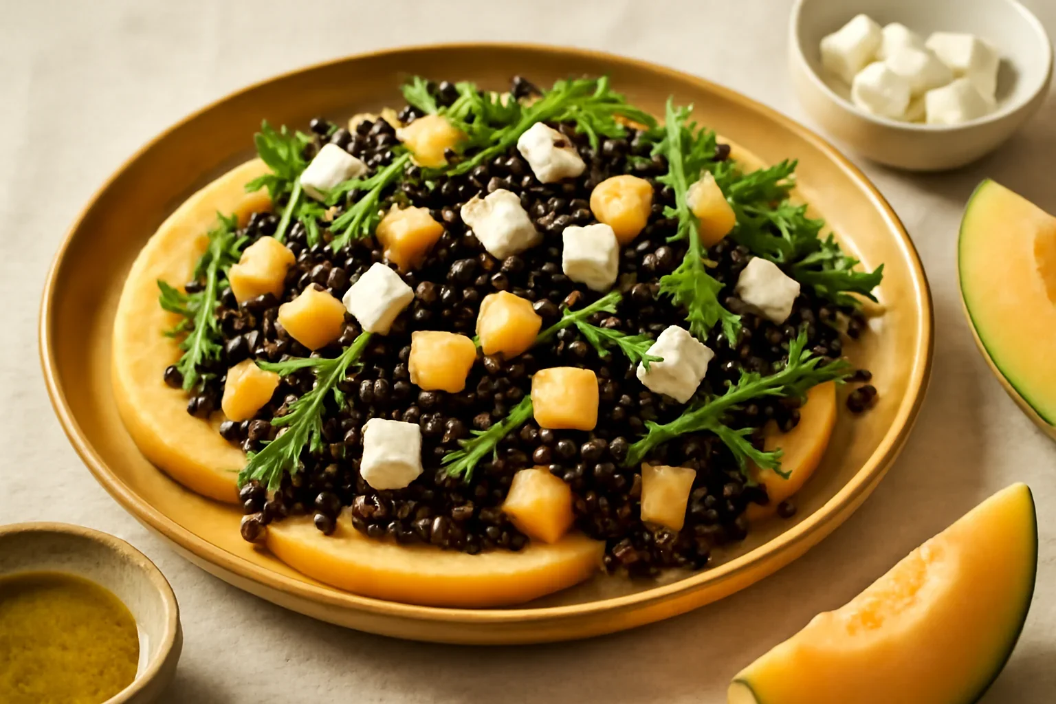 Salata de orez negru cu pepene galben si branza feta