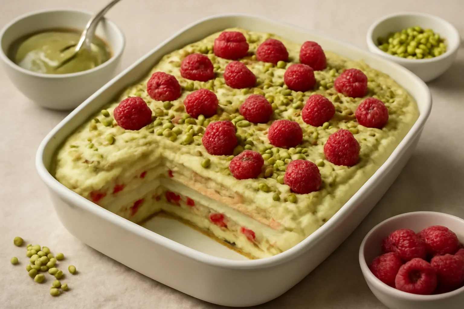 Tiramisu cu fistic și zmeură – rețeta video cu cremă de mascarpone fără ouă