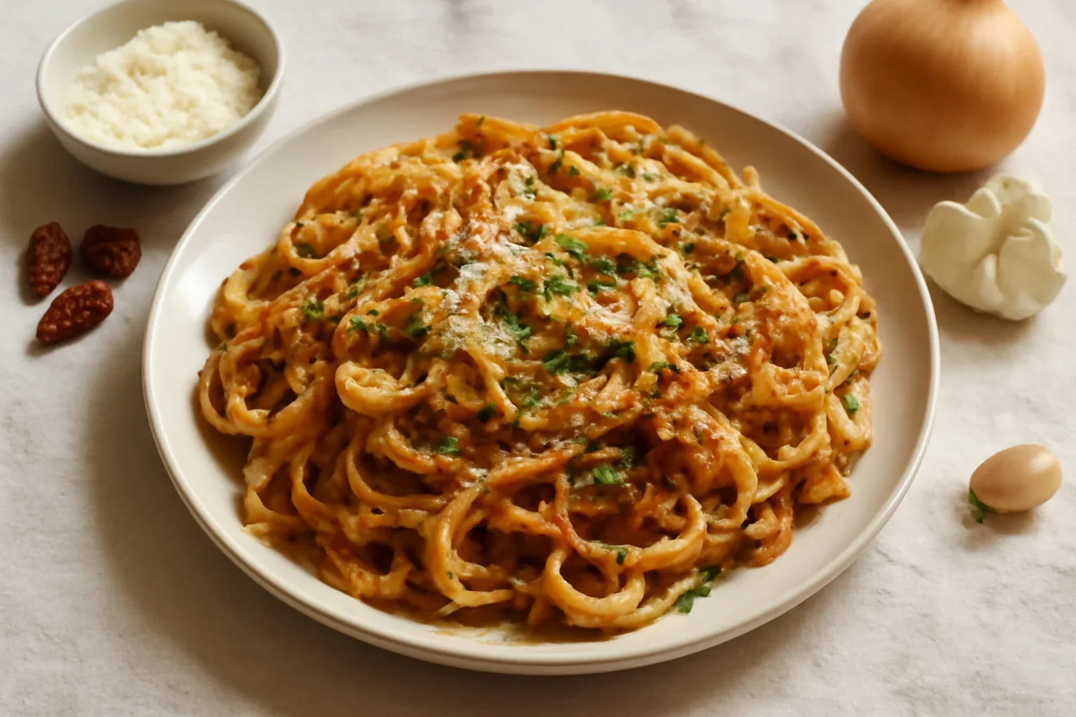 Paste cu sos de ceapa caramelizata