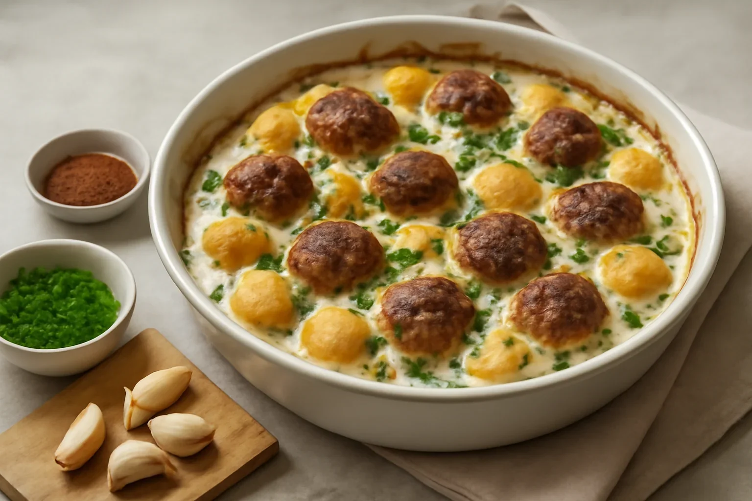 Chiftele la cuptor cu cartofi in sos de smantana