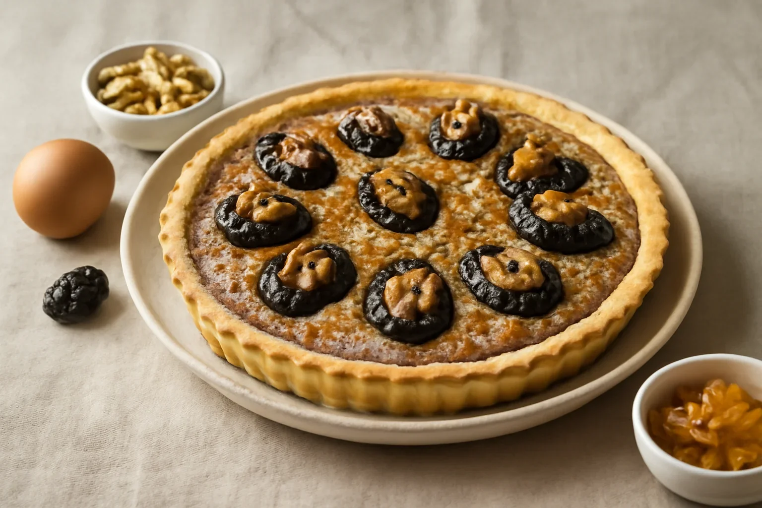 Prăjitură cu gem de prune și nucă – rețeta de tartă cu magiun, cremă frangipane și prune uscate – la air fryer sau la cuptor