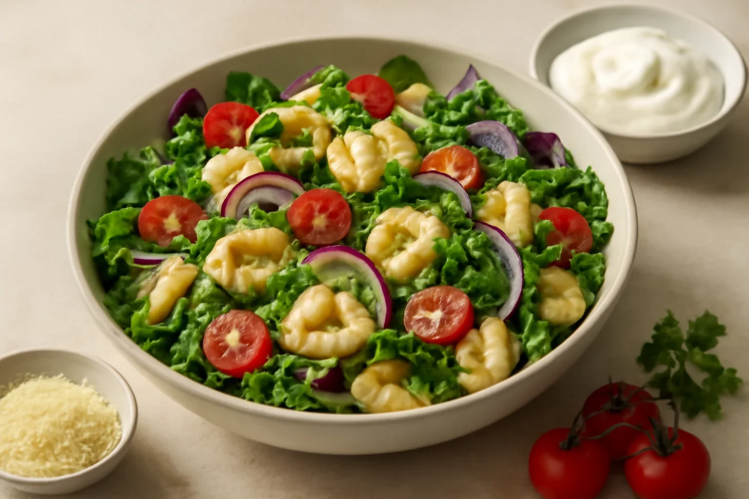 Salata de tortellini cu mix de salata si rosii cherry