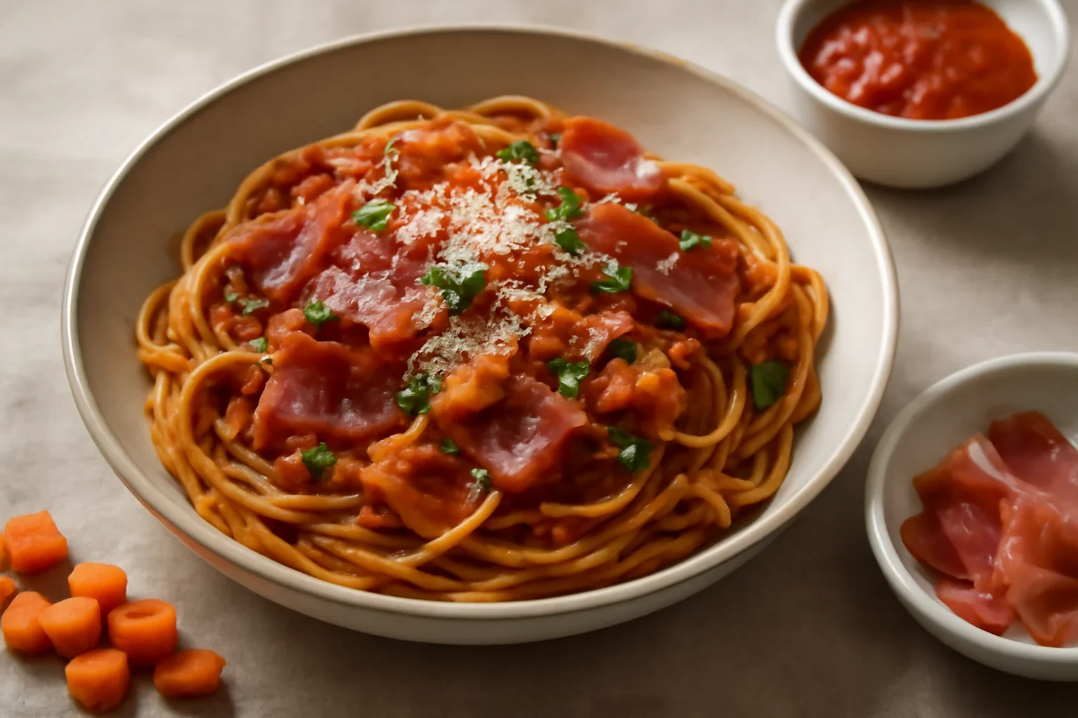 Spaghete cu sos de roșii și șuncă uscată