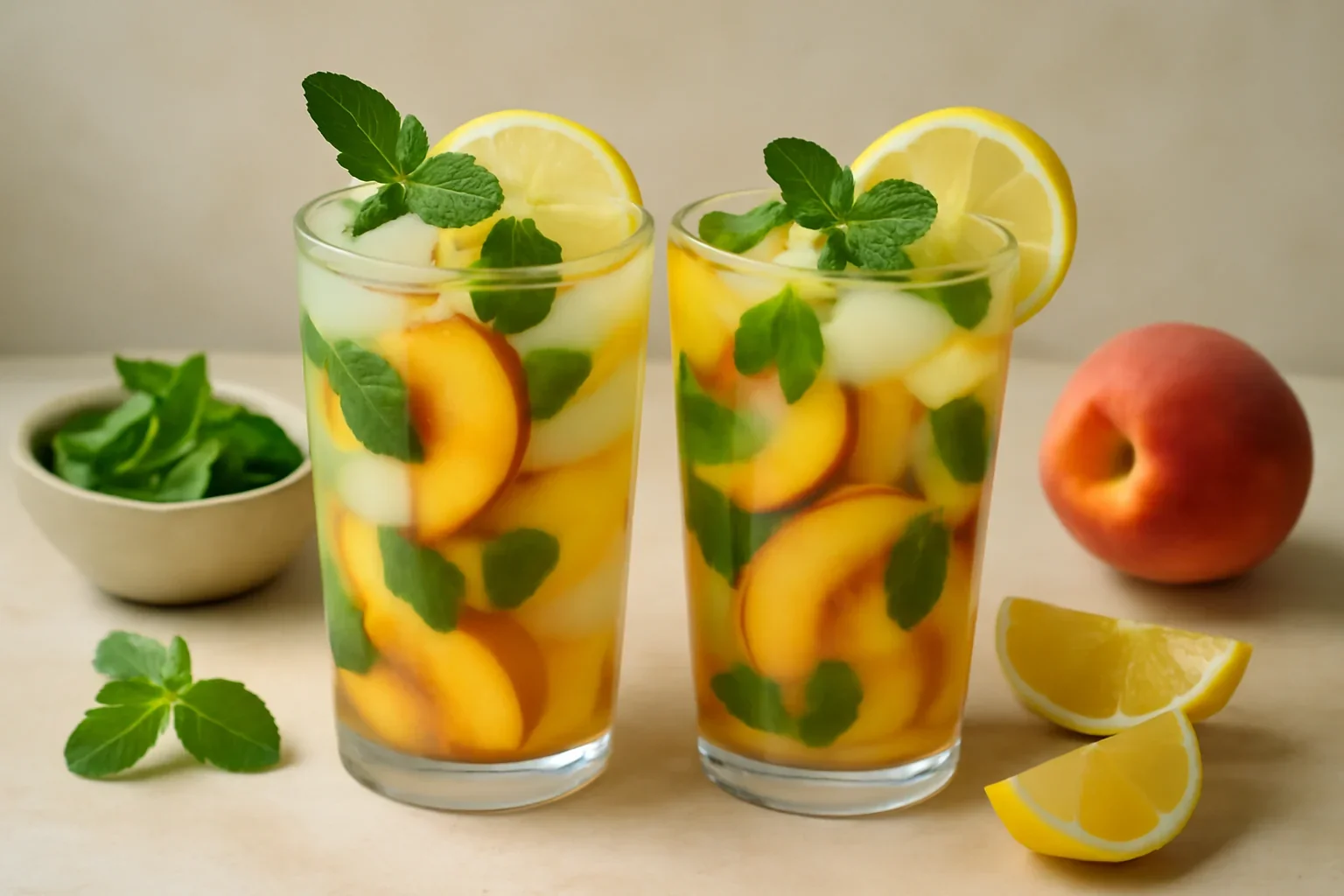 Limonada de piersici cu menta, lamaie si cuburi de gheata