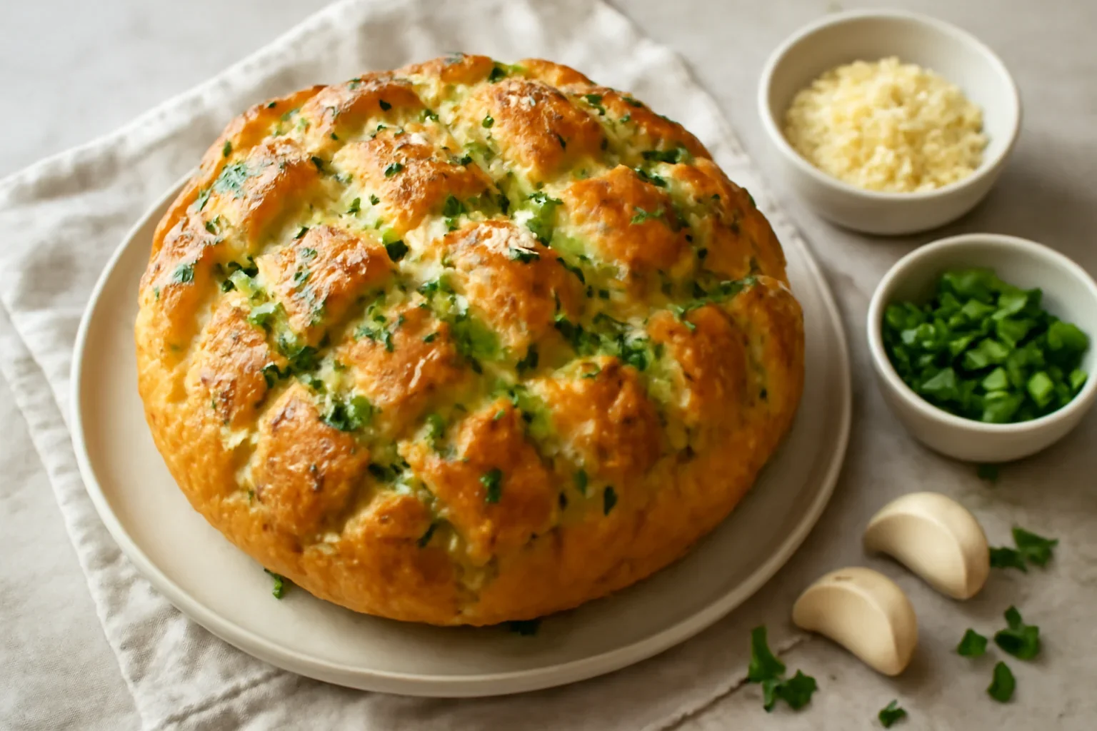 Pâine cu usturoi, cașcaval și ceapă verde – care se desface în felii pufoase (pull apart cheesy bread)