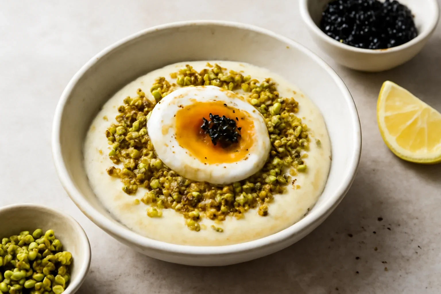 Ou perfect, cremă de conopidă, crumble de fistic și caviar