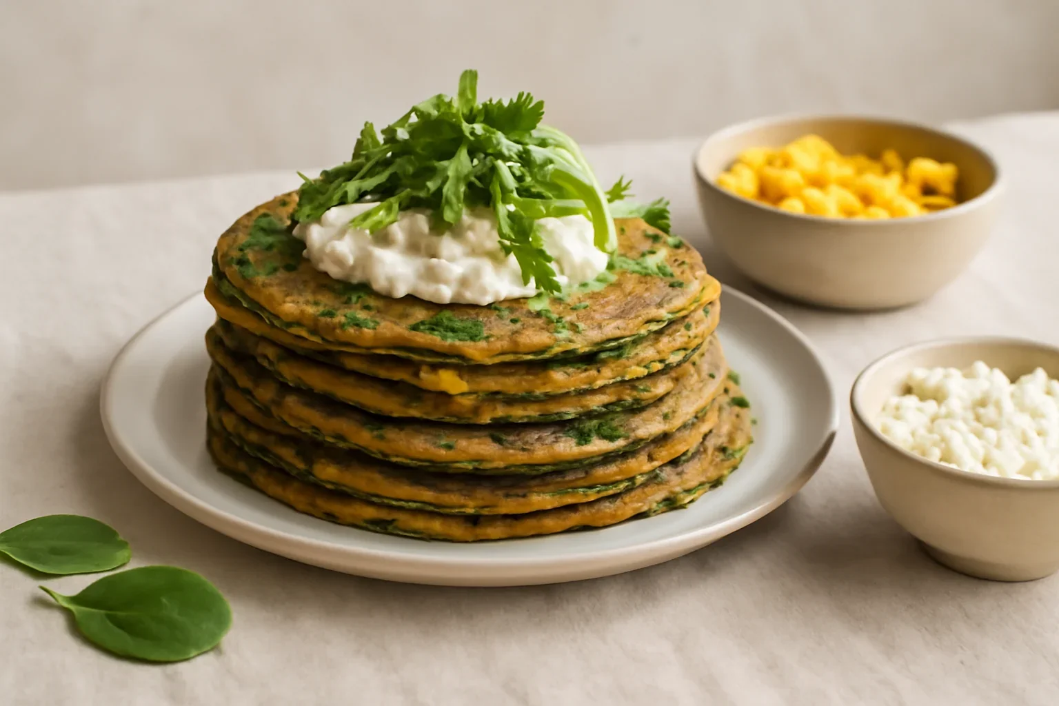 Blini de spanac cu porumb, fromage frais și rucola