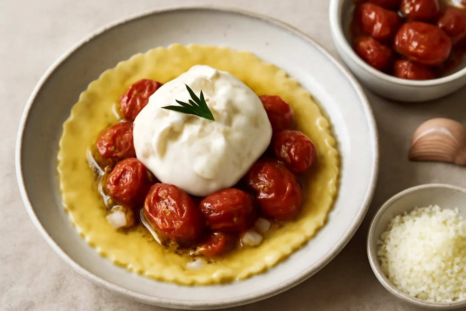 Raviolo umplut cu confit de roșii și burrata