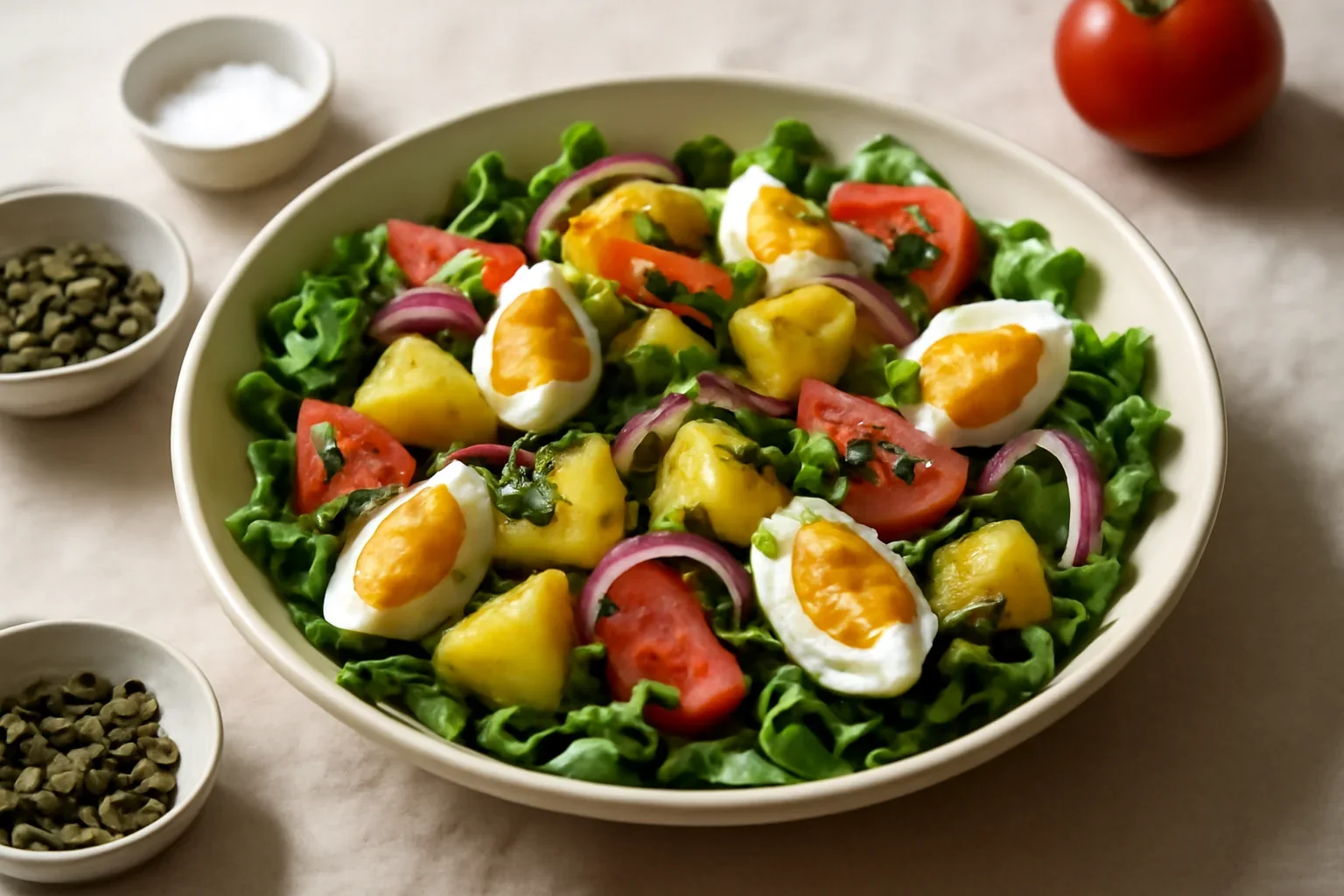 Salata de cartofi cu oua si ceapa rosie