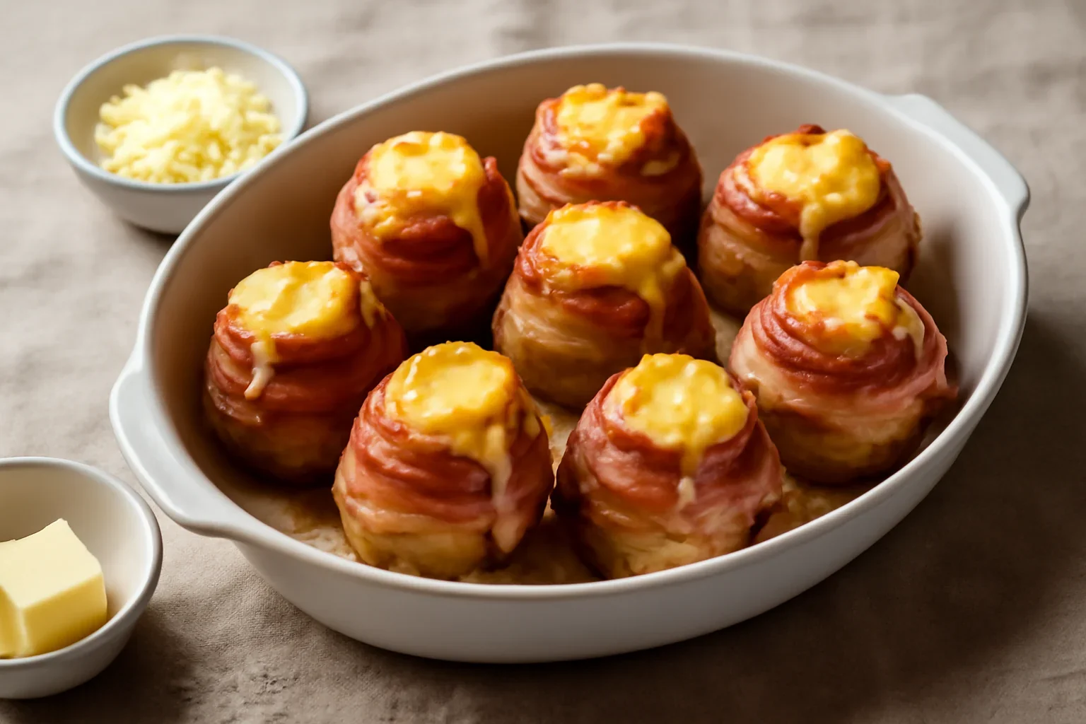 Cartofi Vulcano umpluți cu brânză și înveliți în bacon – la cuptor
