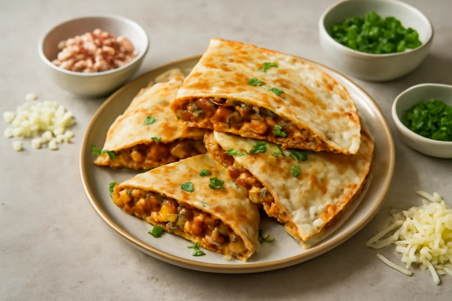 Quesadilla cu carne tocata, legume si mozarella