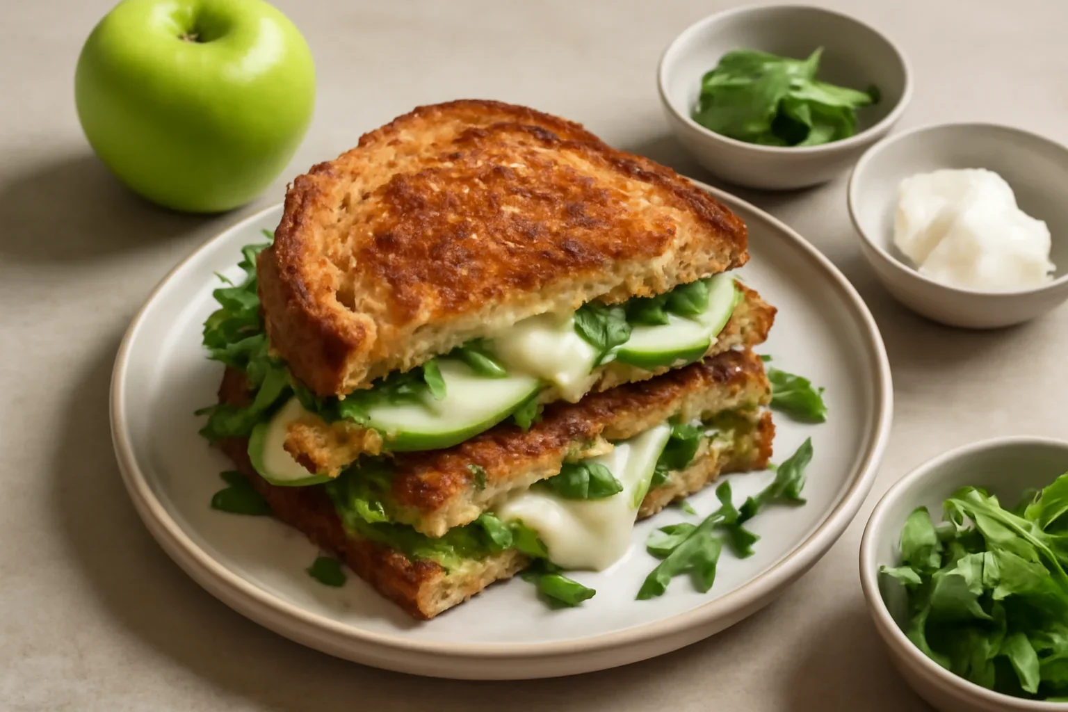 Sandwich copt cu mozzarella, măr verde și rucola
