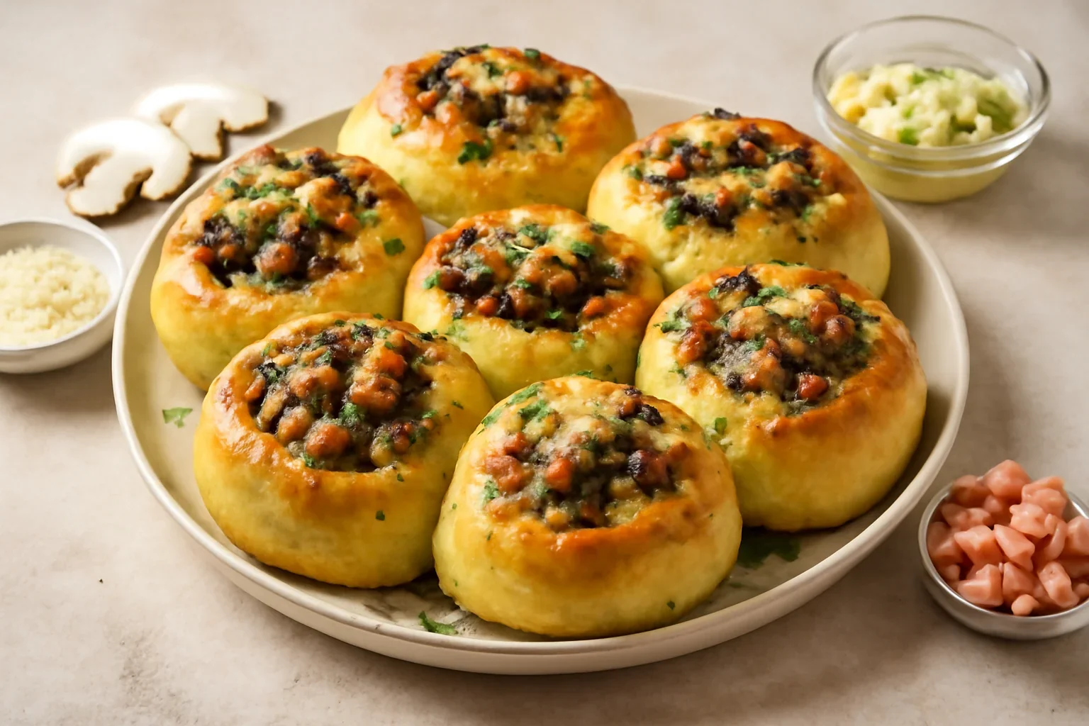 Chifle cu ciuperci, bacon, mozzarella și unt topit cu usturoi și verdețuri – din aluat pufos cu cartofi (piure)