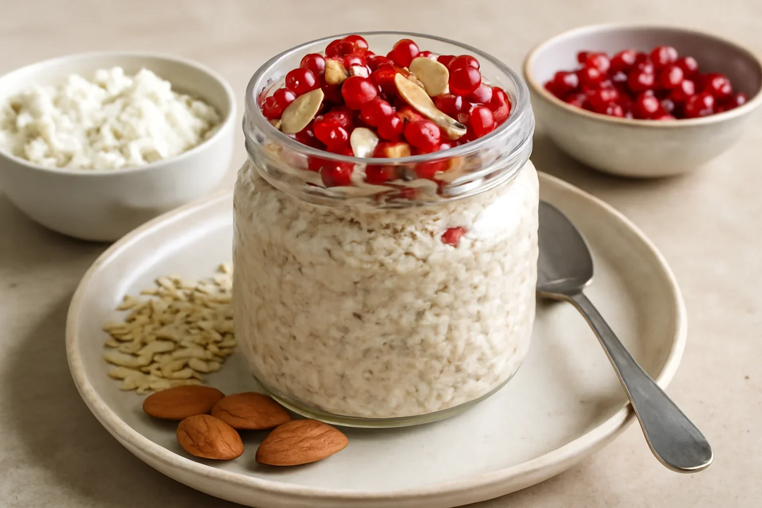 Fulgi de ovaz cu rodie si migdale – Overnight oats