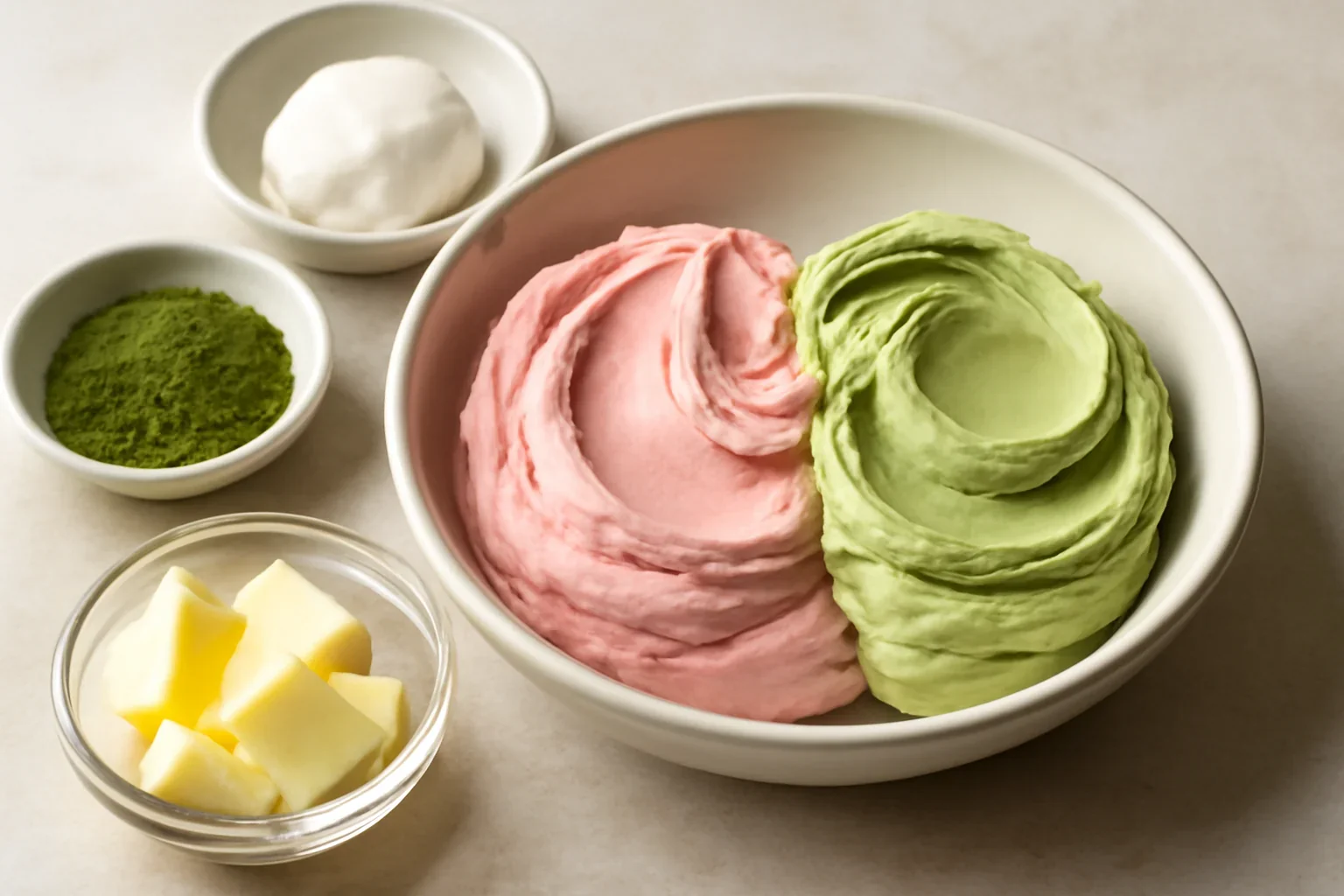 Cremă de unt cu fondant și colorant natural (roz, verde) – rețeta de cofetărie pentru cremă de zmeură sau de fistic