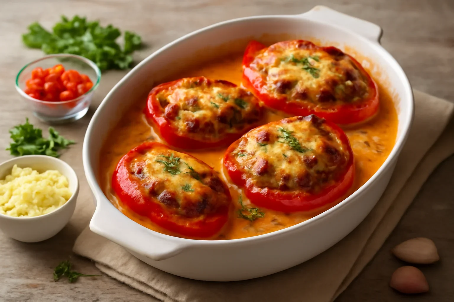 Gogoșari umpluți cu carne și brânză – rețeta de ardei copți, umpluți și gratinați la cuptor