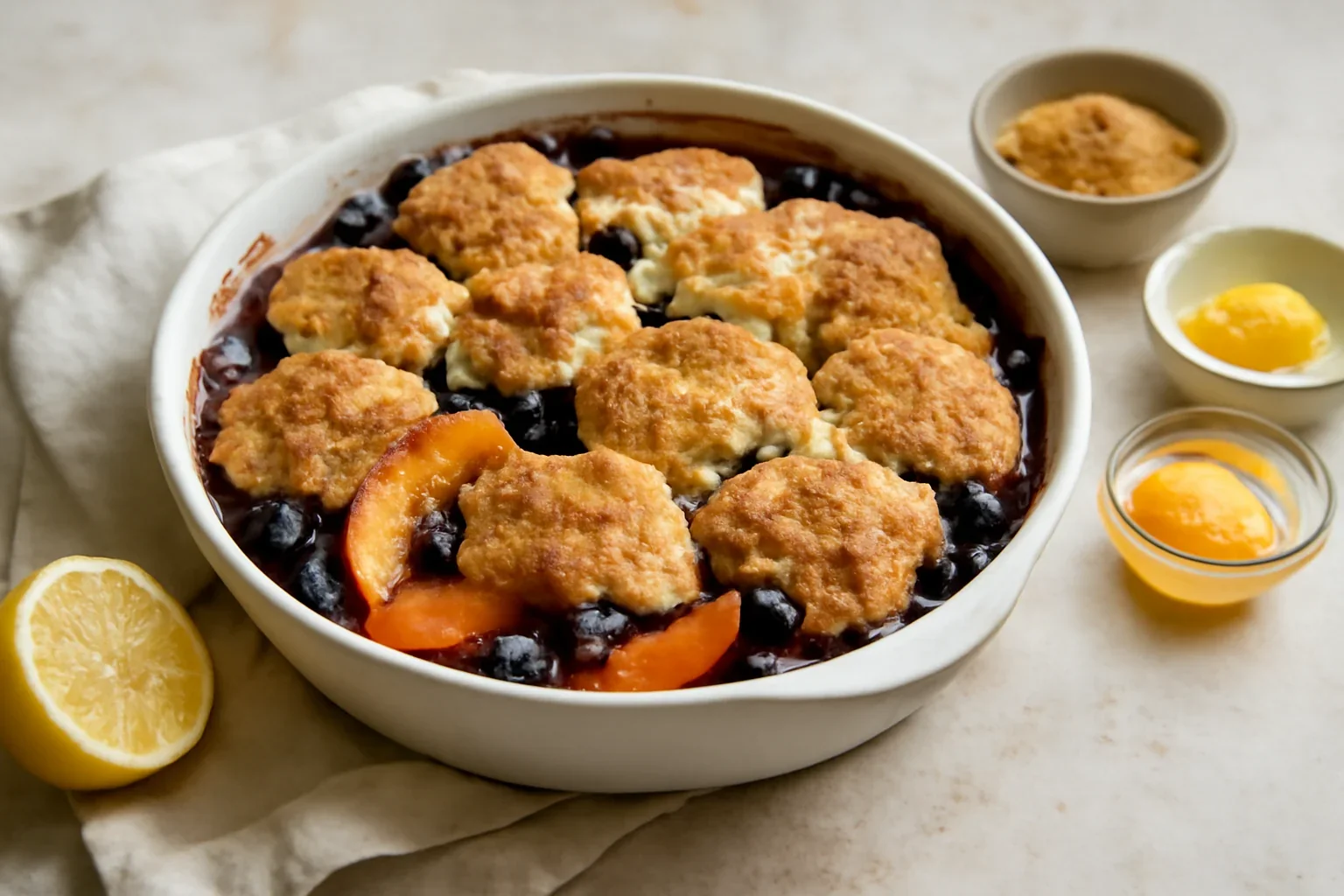 Cobbler cu piersici și afine – rețetă simplă de desert de vară