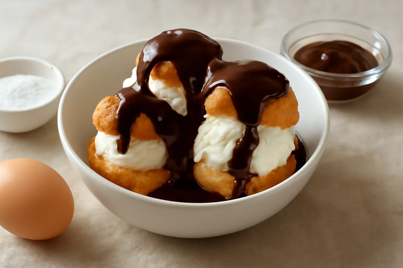 Profiterol cu frișcă, înghețată și sos de ciocolată – rețeta de cofetărie de pe vremuri