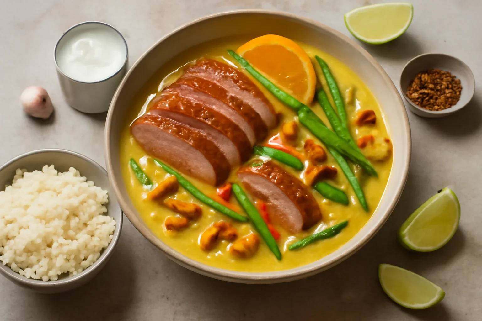 Curry de rata cu cocos, galbiori si sparanghel