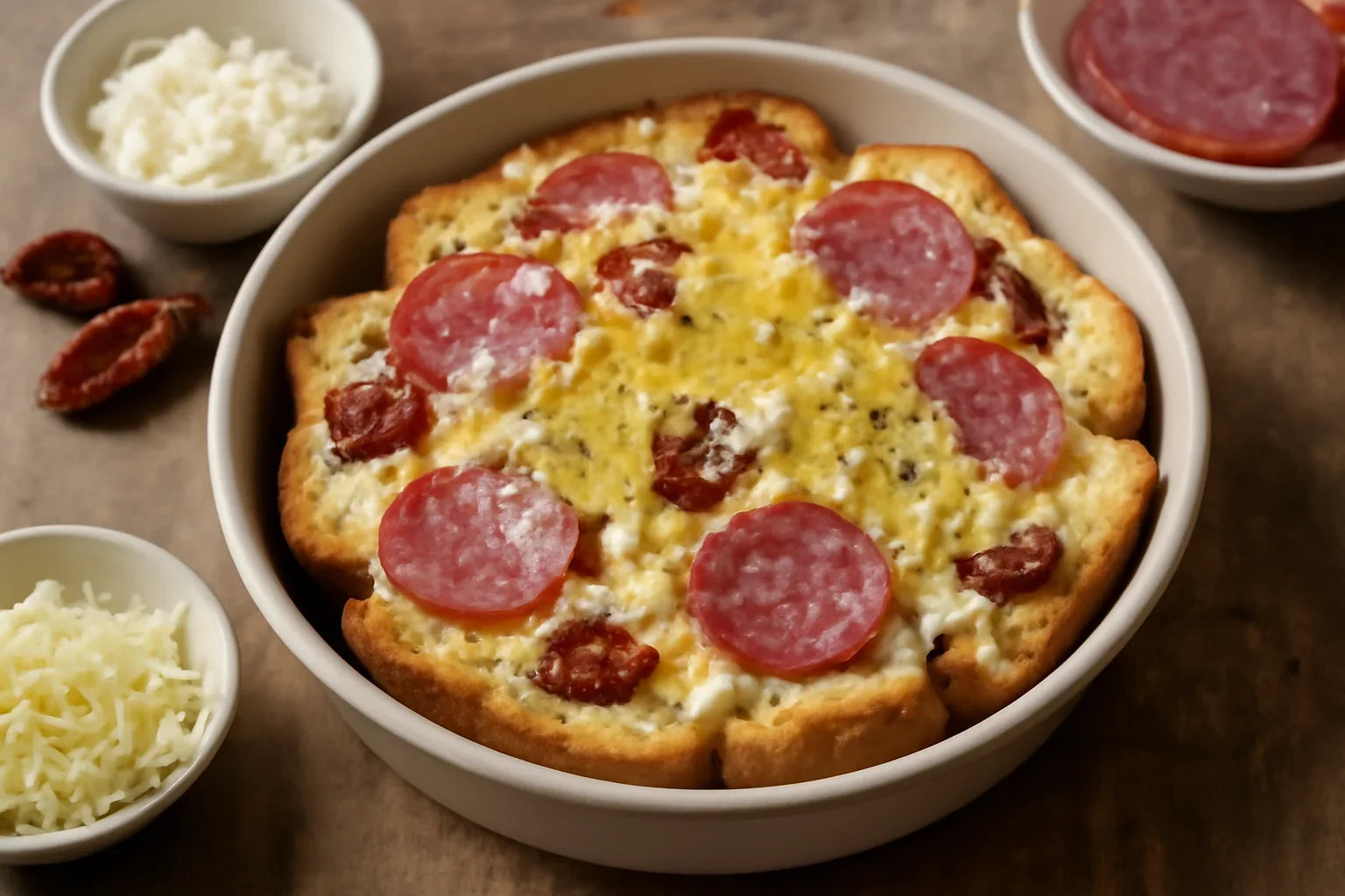 Pizza din felii de paine, salam, branza, rosii si cascaval