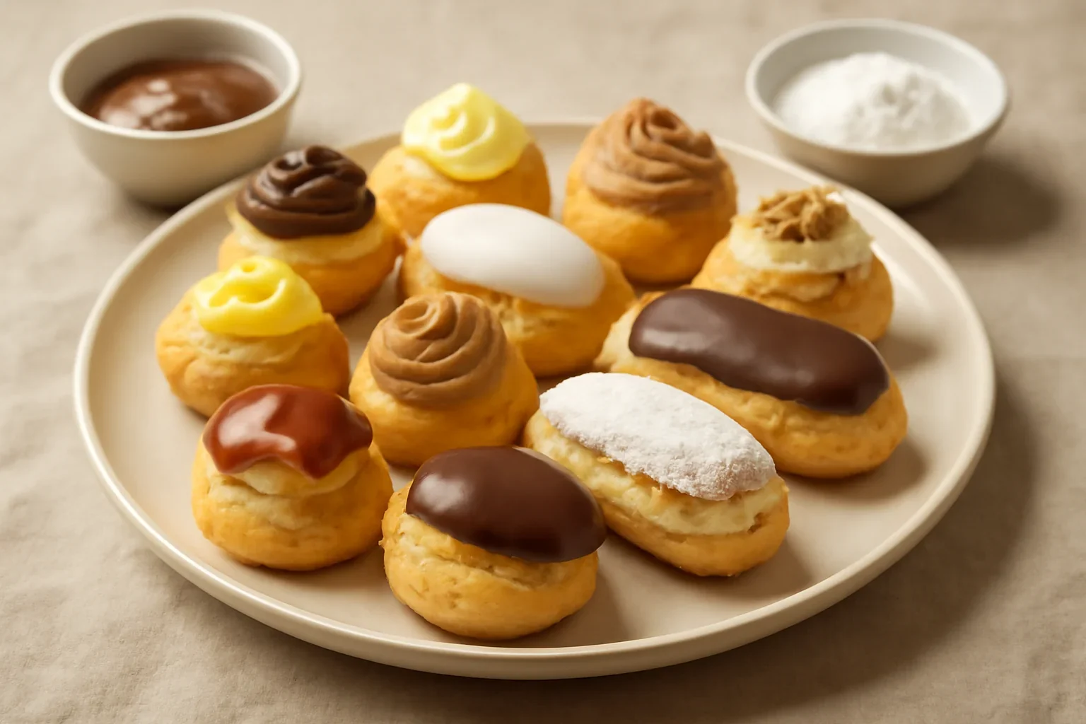 Mini choux a la creme (profiterol) sau mini eclere cu vanilie și caramel sau ciocolată