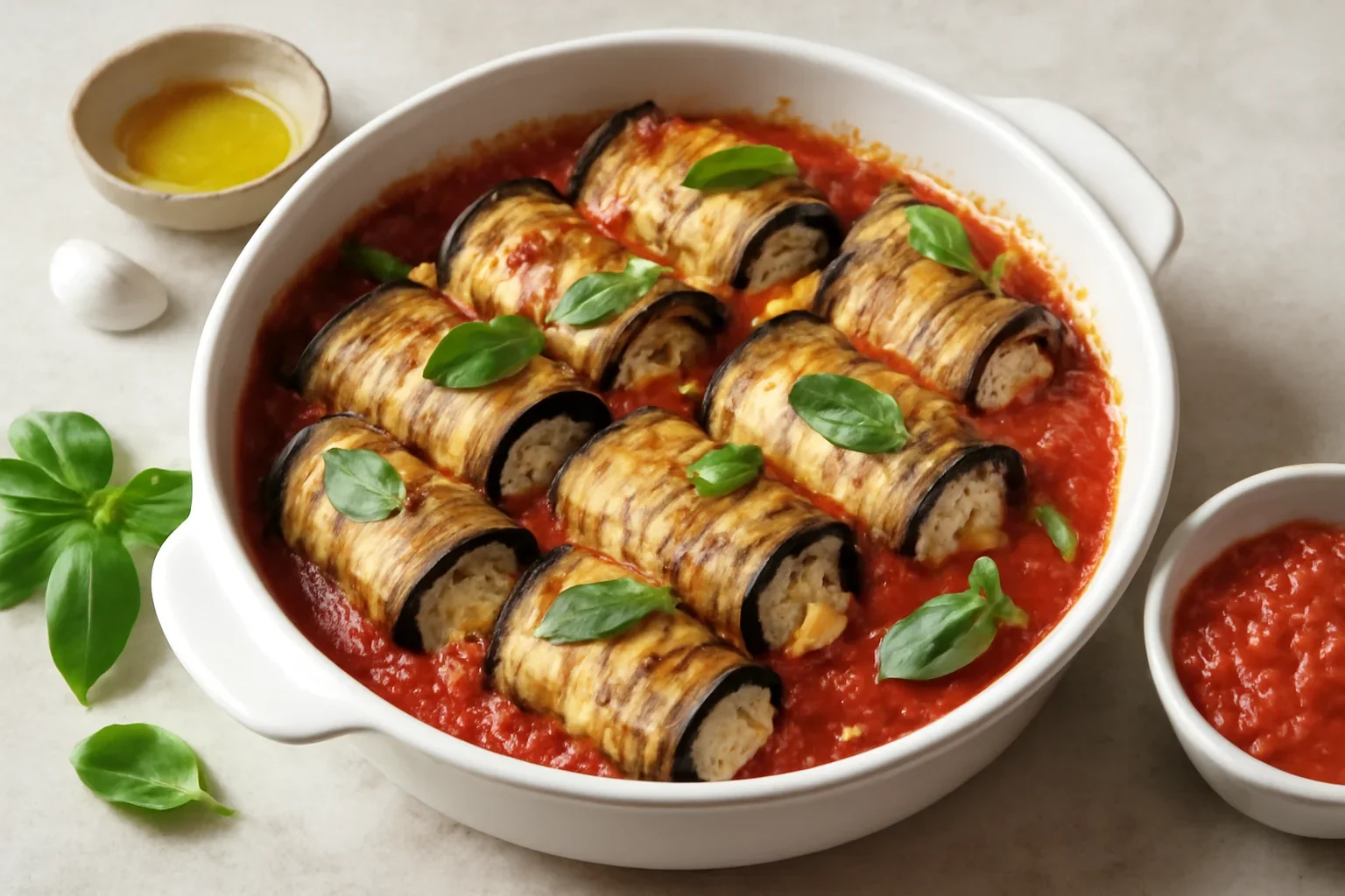 Involtini de vinete cu ricotta și mozzarella, în sos de roșii cu usturoi
