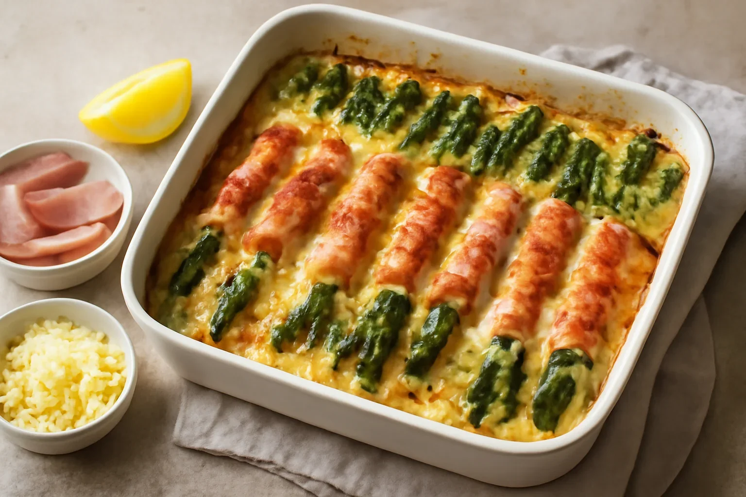 Sparanghel la cuptor cu șuncă și sos de cașcaval – rețeta de sparanghel gratinat