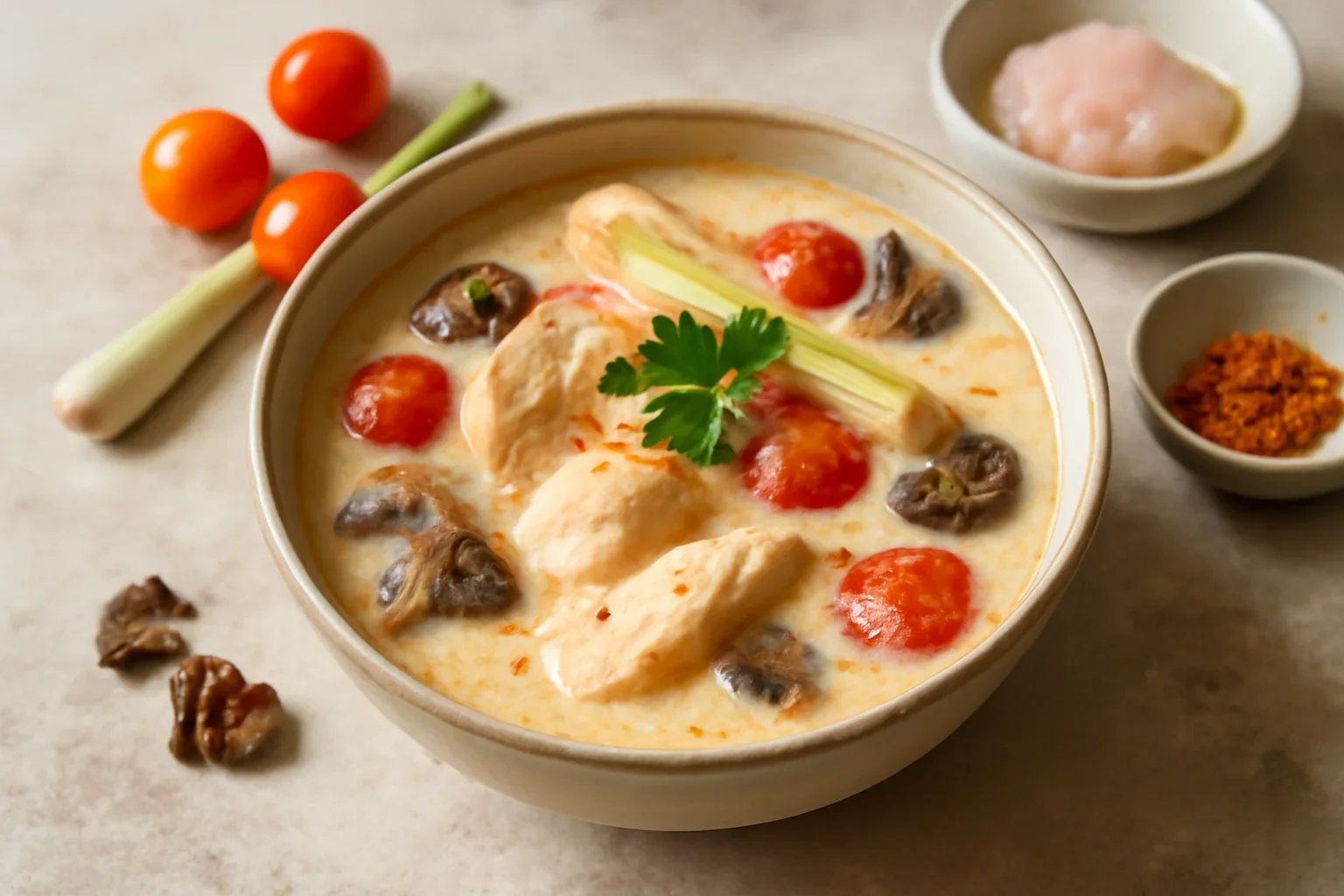 Supa de pui picanta in stil thai reteta de Tom Khaa Kai (tom kha gai)