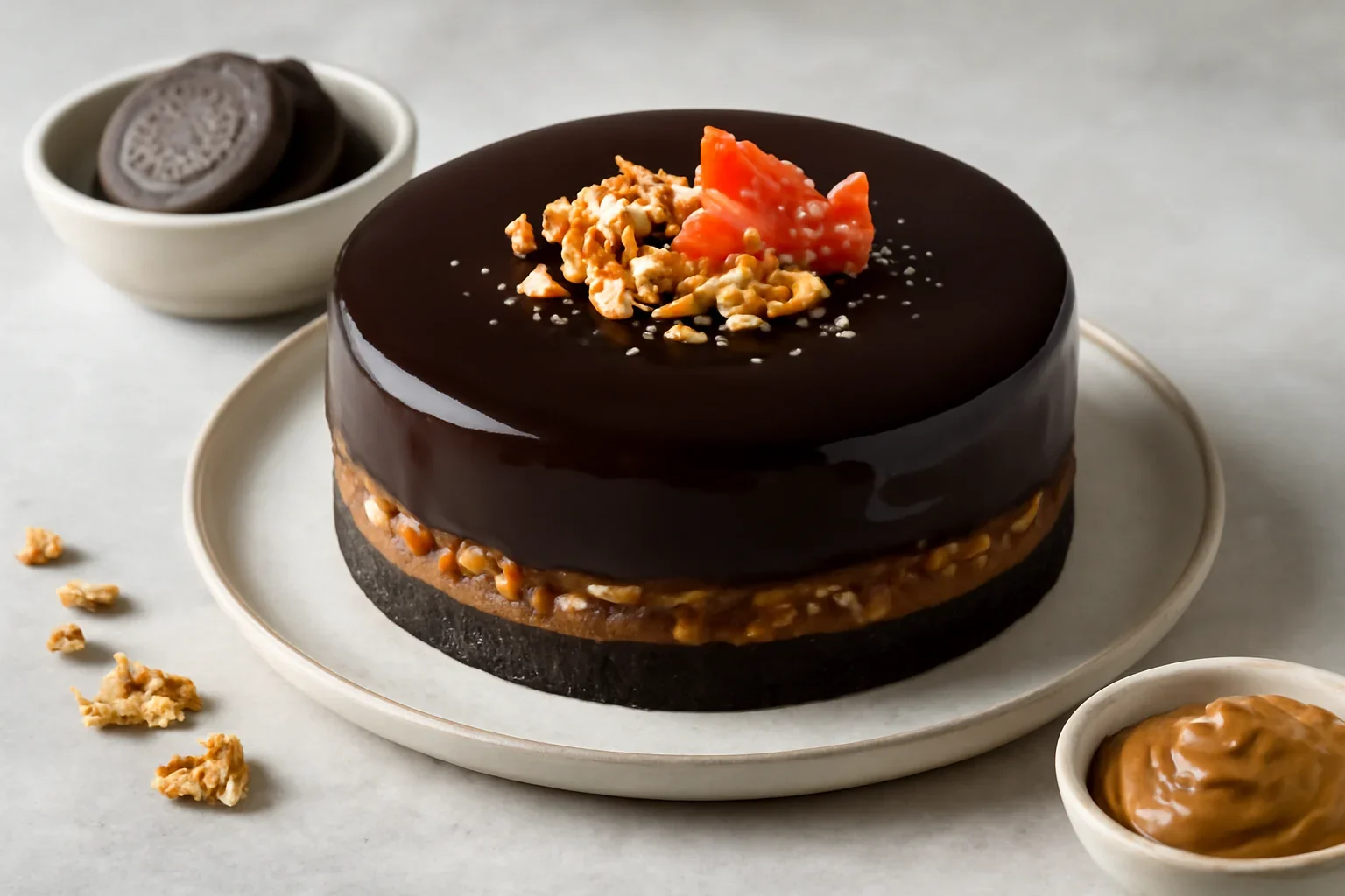 Tort cu mousse de ciocolată, caramel, Oreo, nuci și glazură oglindă – Entremet Mya fără coacere