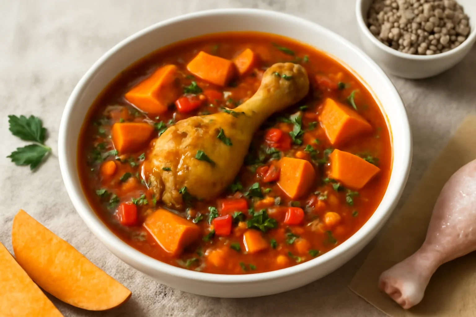 Supa mexicana cu cartofi dulci, carne de pui si linte