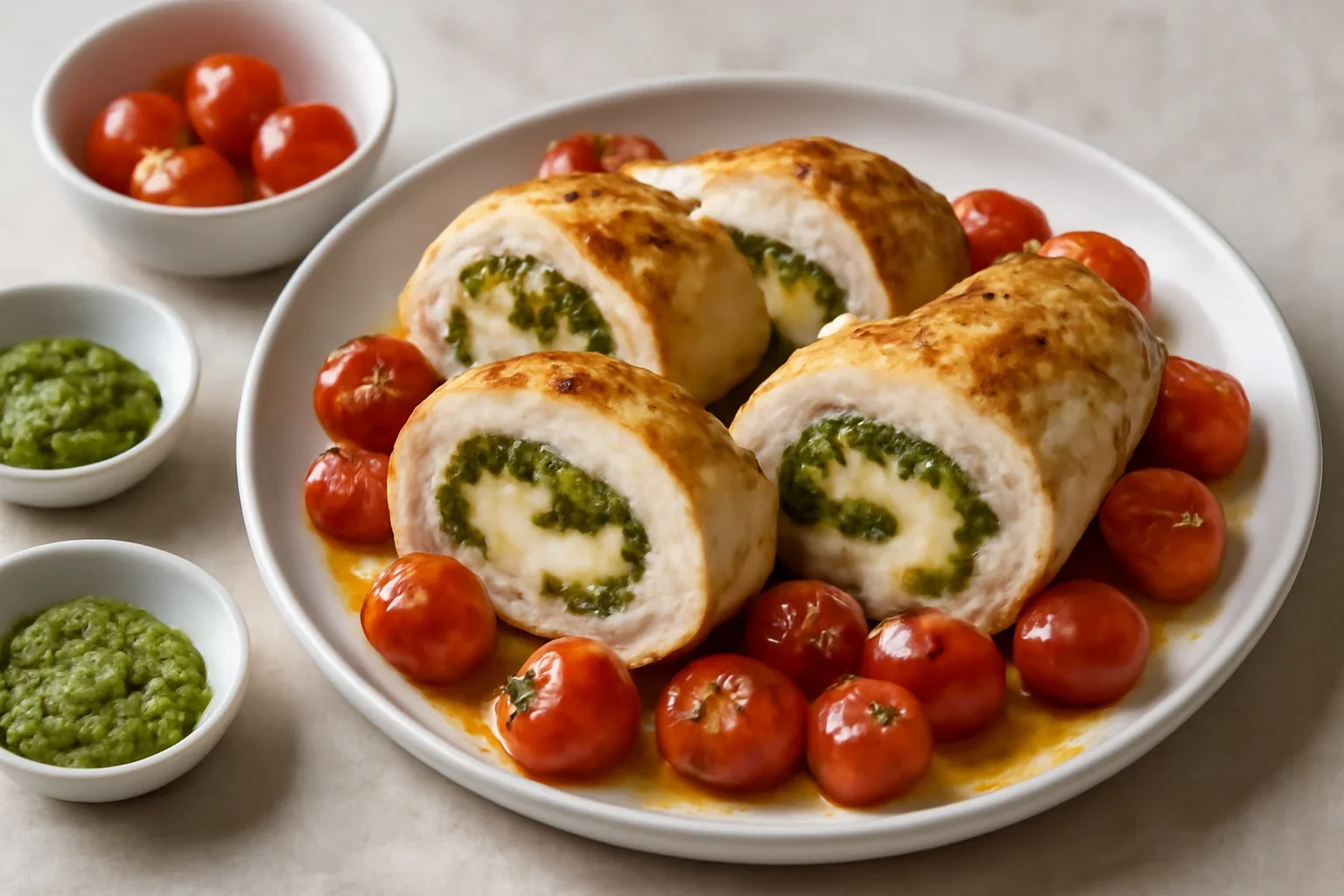Ruladă de pui cu pesto, mozzarella și roșii cherry