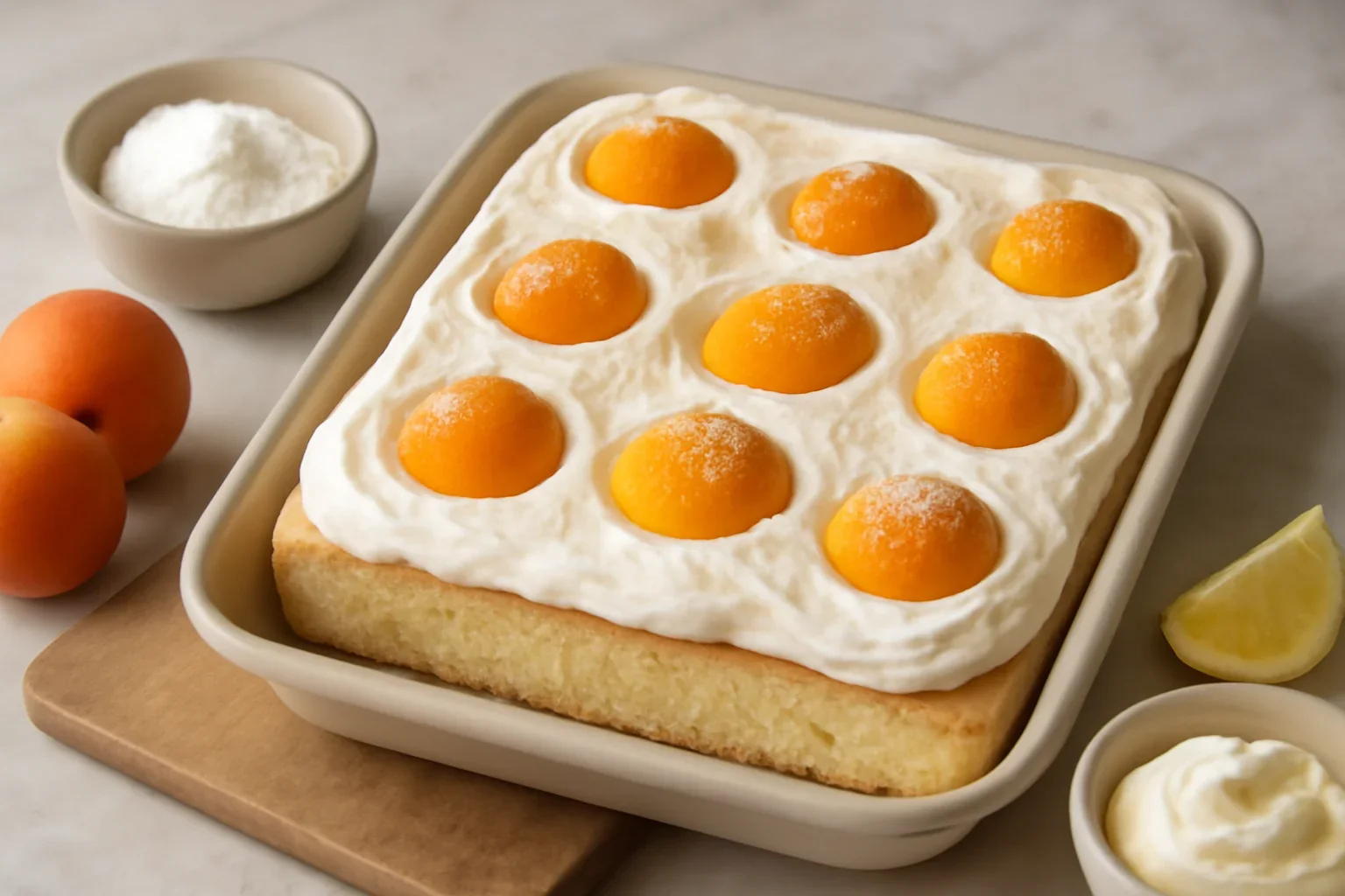 Prăjitura ochi de ou cu caise sau piersici și mascarpone