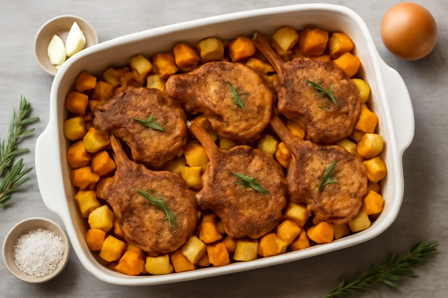 Cotlet de porc cu os la cuptor cu cartofi în 2 culori – rețetă rapidă VIDEO