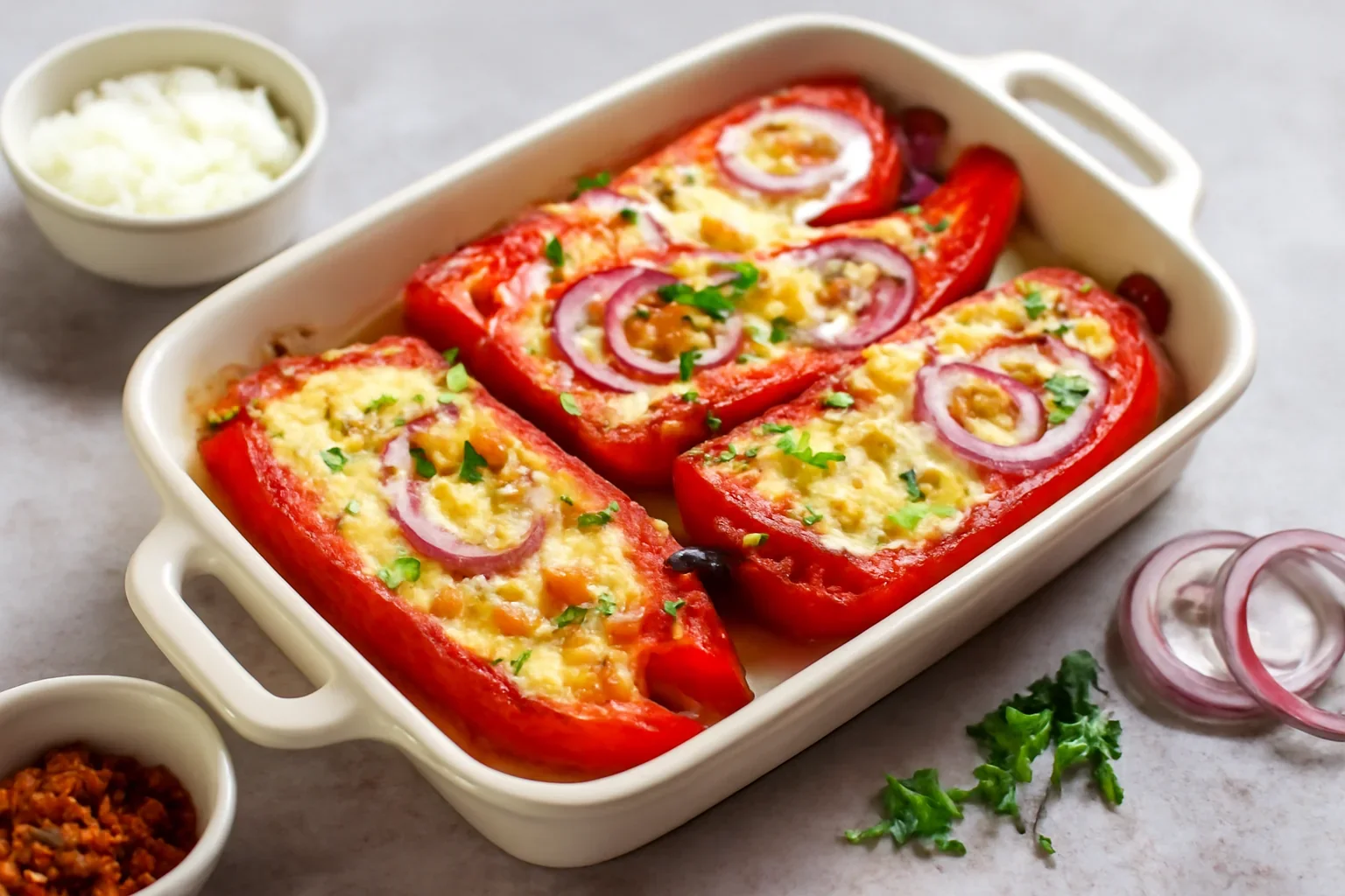 Ardei copți umpluți cu brânză (feta, telemea, caș) și gratinați la cuptor – rețeta grecească