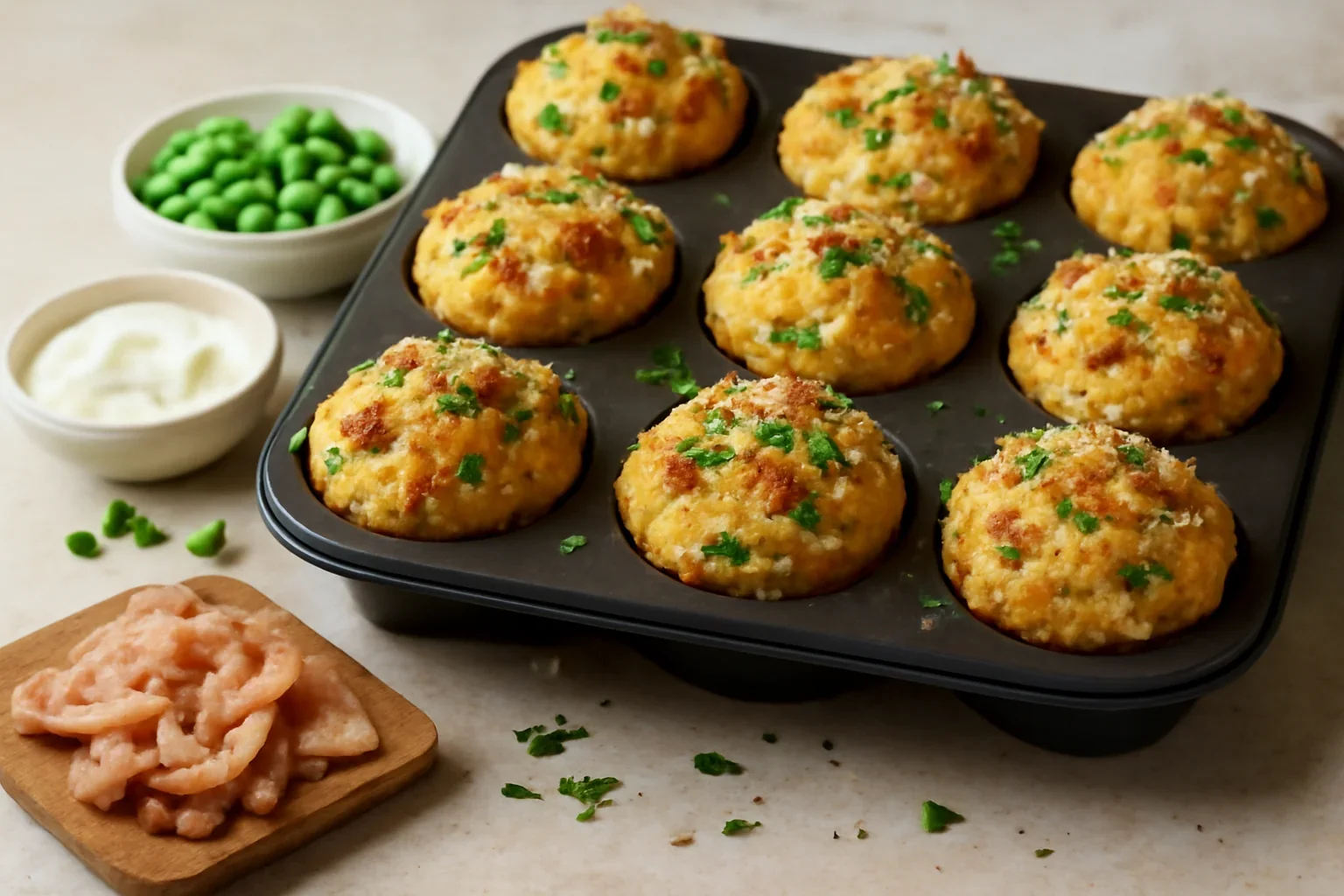 Brioșe sărate cu bacon, cașcaval și mazăre verde – muffins aperitiv