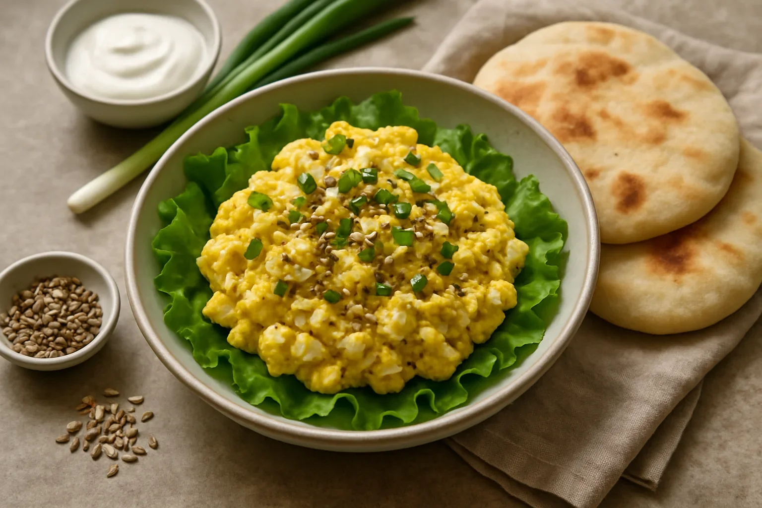 Salată cu ouă curry și pita proaspăt scoasă din cuptor
