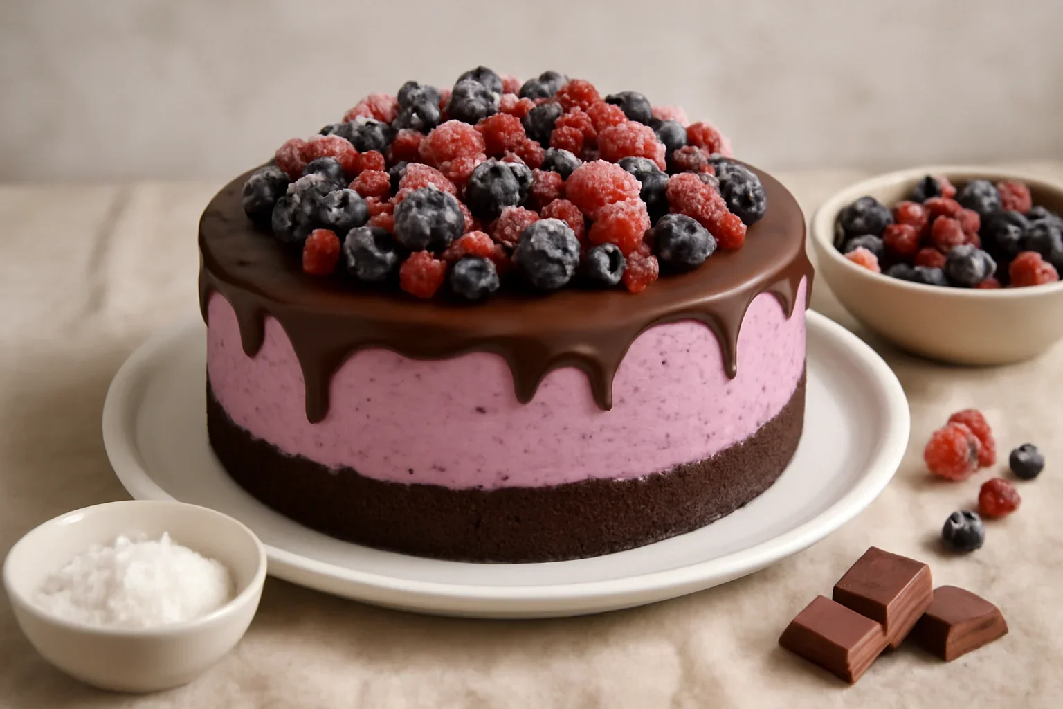 Tort cu blat de cacao si mousse de fructe de padure